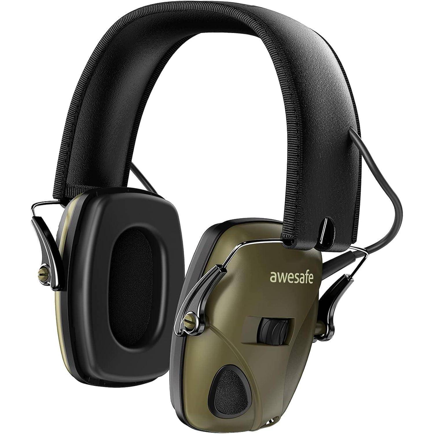Noise-Canceling-Kopfhörer mit gepolstertem Kopfbügel und Over-Ear-Design, an der Seite mit 'awesafe' beschriftet, überwiegend in Schwarz und Oliv.