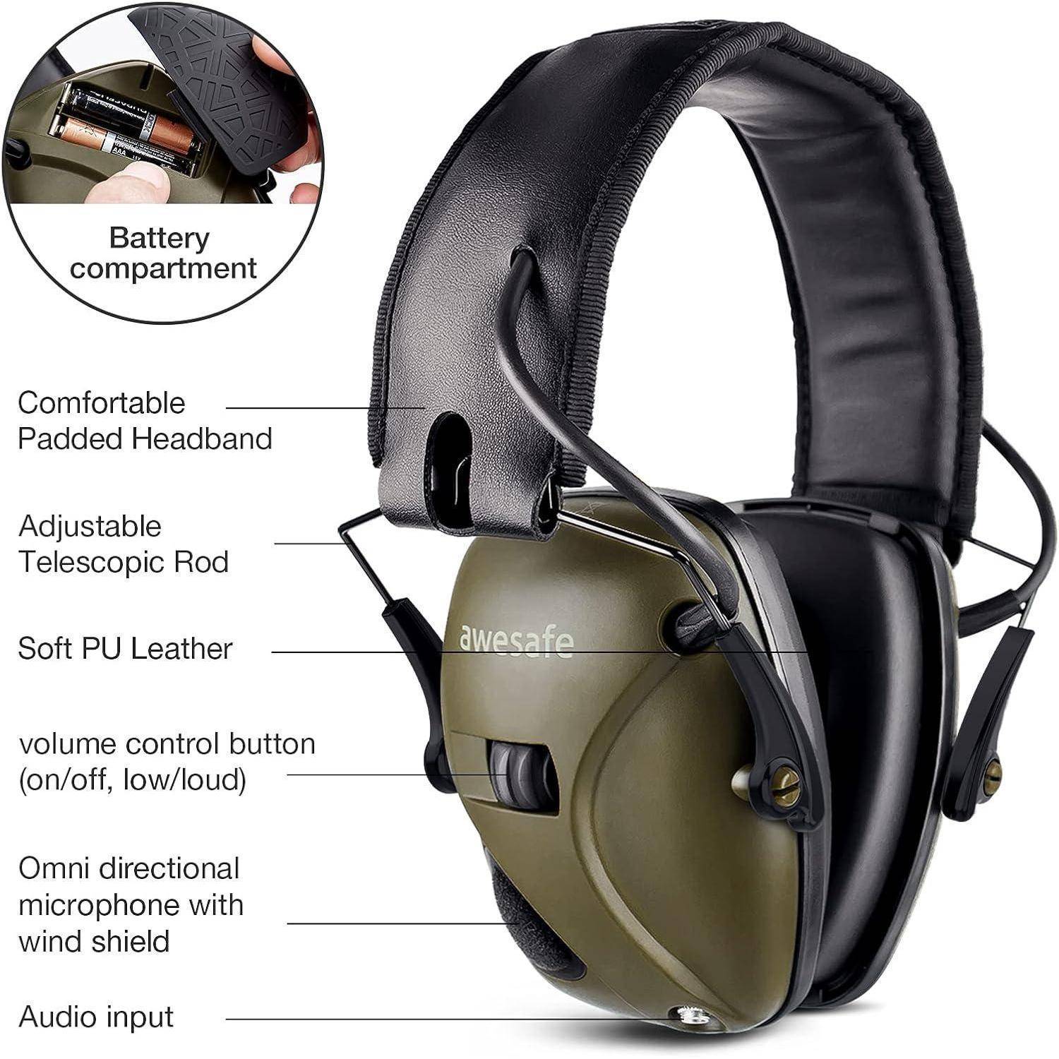 Gehörschutz mit 'awesafe'-Branding, ausgestattet mit gepolstertem Kopfband, verstellbarer Teleskopstange, weichem PU-Leder, Lautstärkeregler, Audioeingangsbuchse und Batteriefach.
