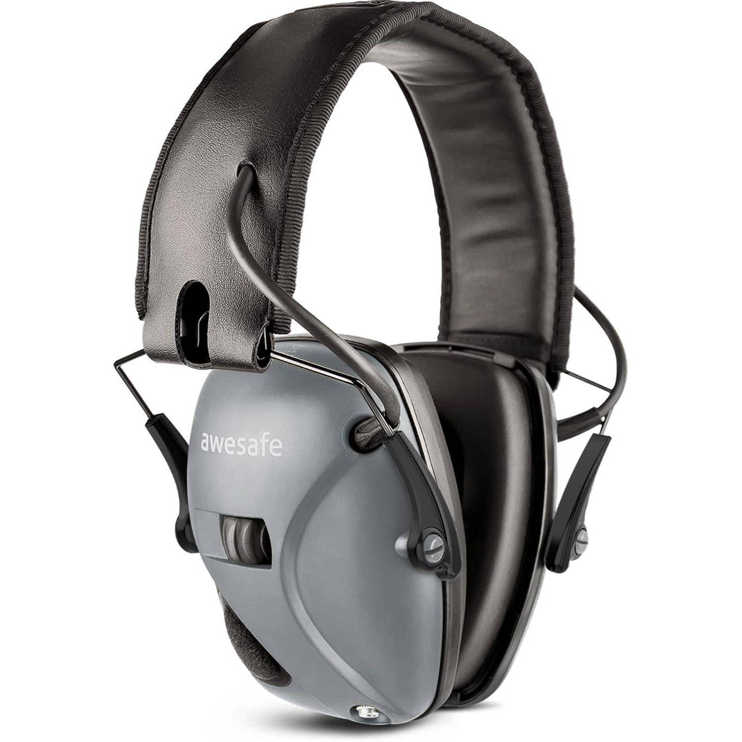 Graue Over-Ear-Noise-Cancelling-Kopfhörer mit einem schwarzen Kopfbügel, die mit der Marke 'awesafe' versehen sind.