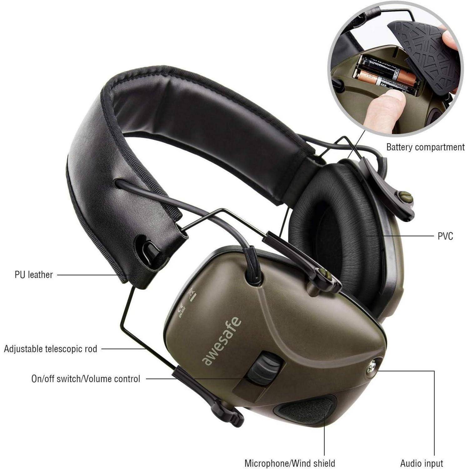 Noise-Canceling-Kopfhörer mit einem Regler für Ein/Aus, Lautstärke und Audioeingabe. Zu den Funktionen gehören verstellbare Stangen und ein Batteriefach.