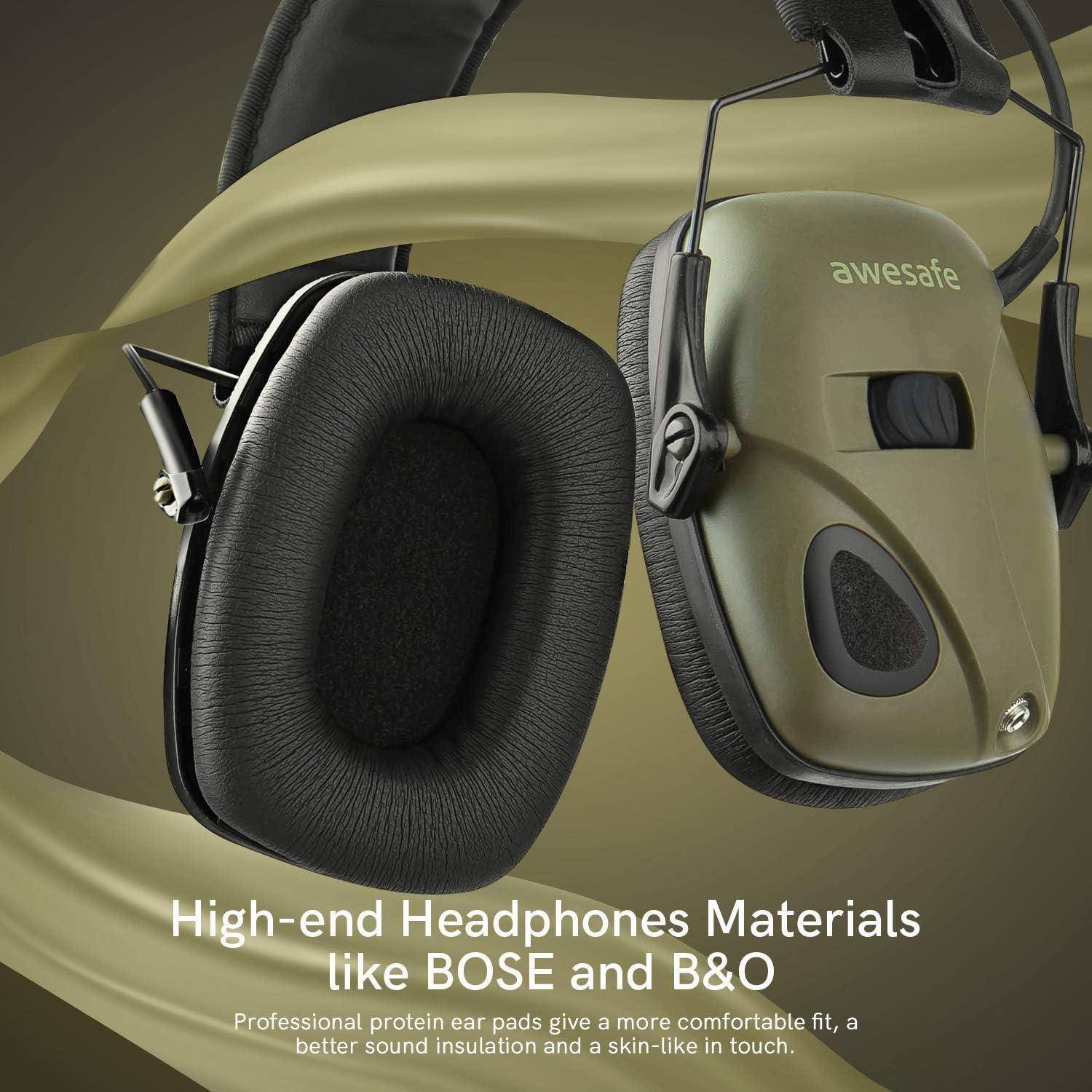 Noise-Canceling-Kopfhörer mit Text: 'High-End-Kopfhörer Materialien wie BOSE und B&O.' Betont Komfort mit Protein-Ohrpolstern.