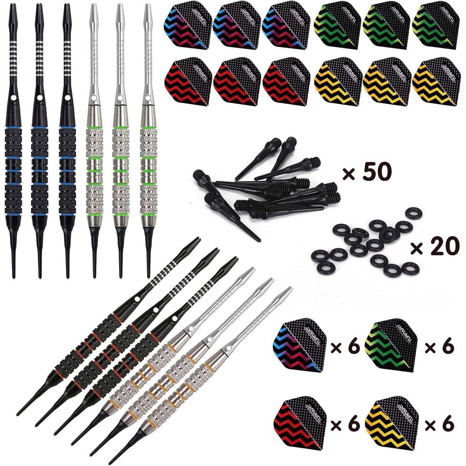 Dart-Set mit sechs Steeldarts, 50 Kunststoff-Dartspitzen, 20 schwarzen O-Ringen und sechs Flightsets in verschiedenen Farben.