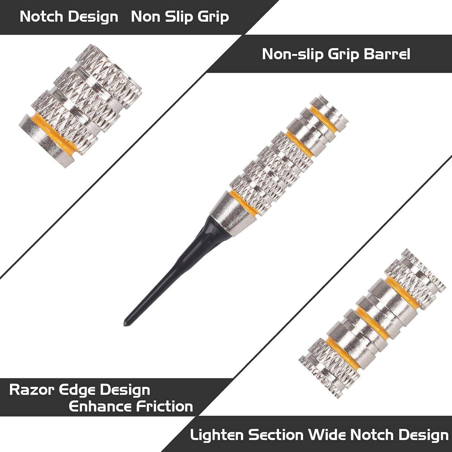 Dartpfeile mit einer gekerbt, rutschfesten Griffoberfläche und Messer-ähnlichem Kantendesign verbessern die Reibung. Zu den Merkmalen gehören ein leichterer Schaftbereich und ein breites Kerbendesign.
