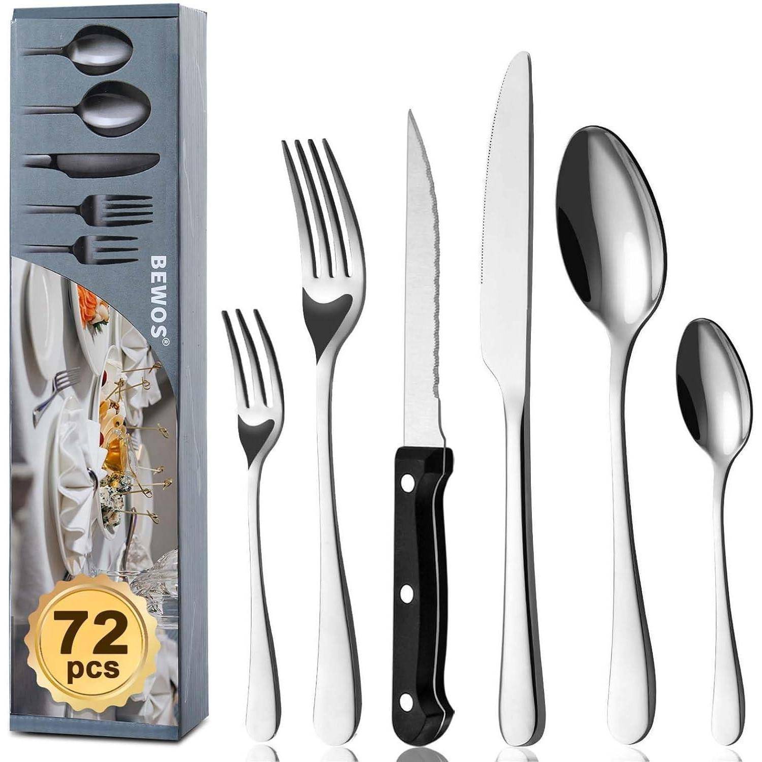 Besteckset-Bild, das eine 72-teilige Kollektion zeigt, einschließlich Gabeln, Messern, Löffeln und einer dekorativen Box mit der Aufschrift 