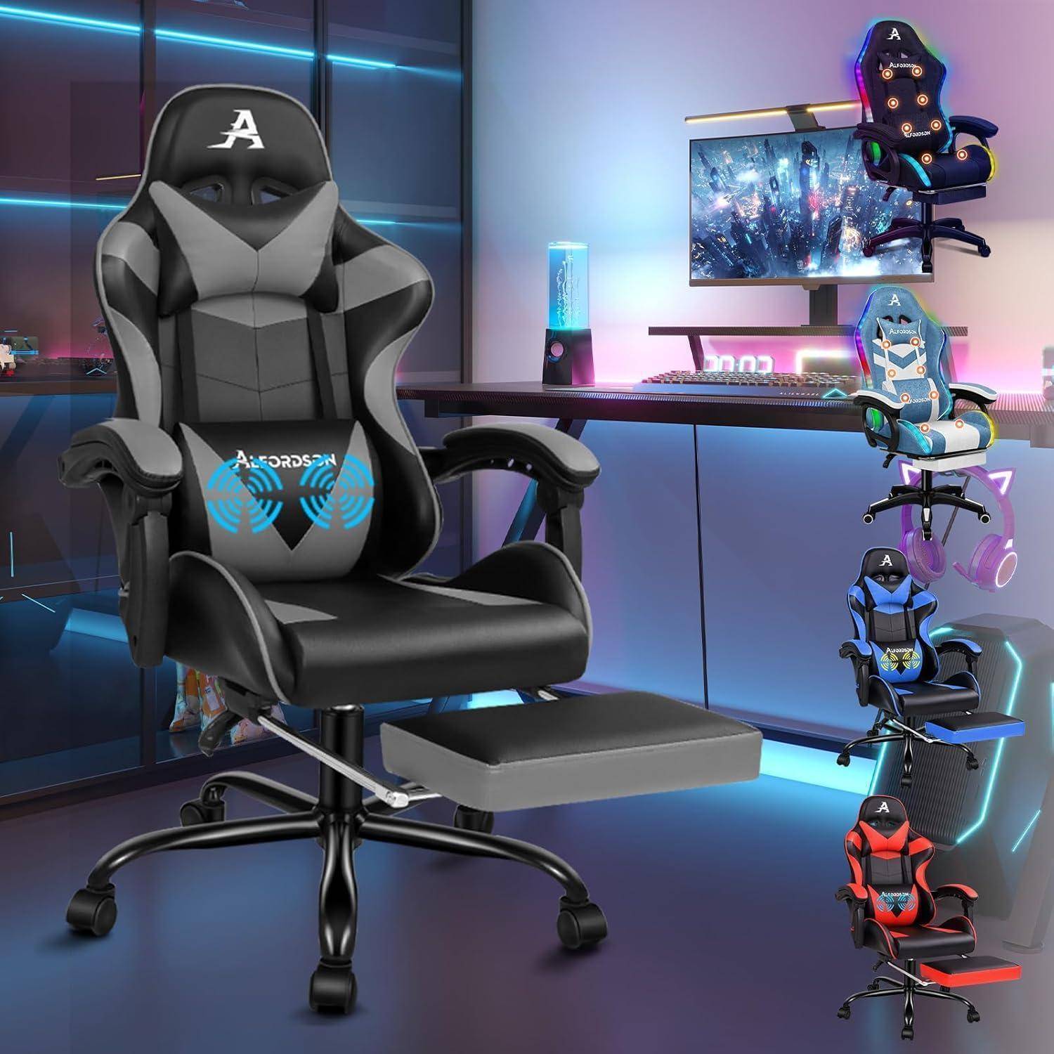 Gaming-Stuhl mit ergonomischem Design und verstellbarer Fußstütze in einem stylischen Gaming-Setup. Verschiedene Farboptionen werden rechts dargestellt.