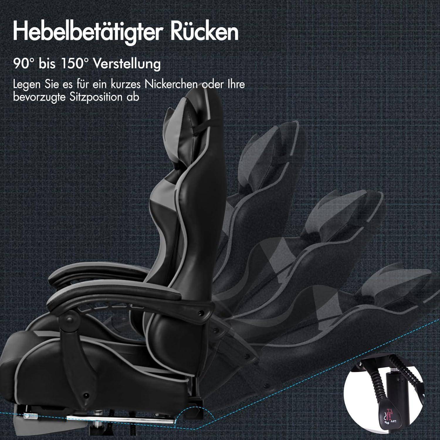 Bürodrehstuhl mit verstellbarer Rückenlehne, die in mehreren Neigungspositionen von 90° bis 150° gezeigt wird und über einen Hebelverstellmechanismus verfügt.