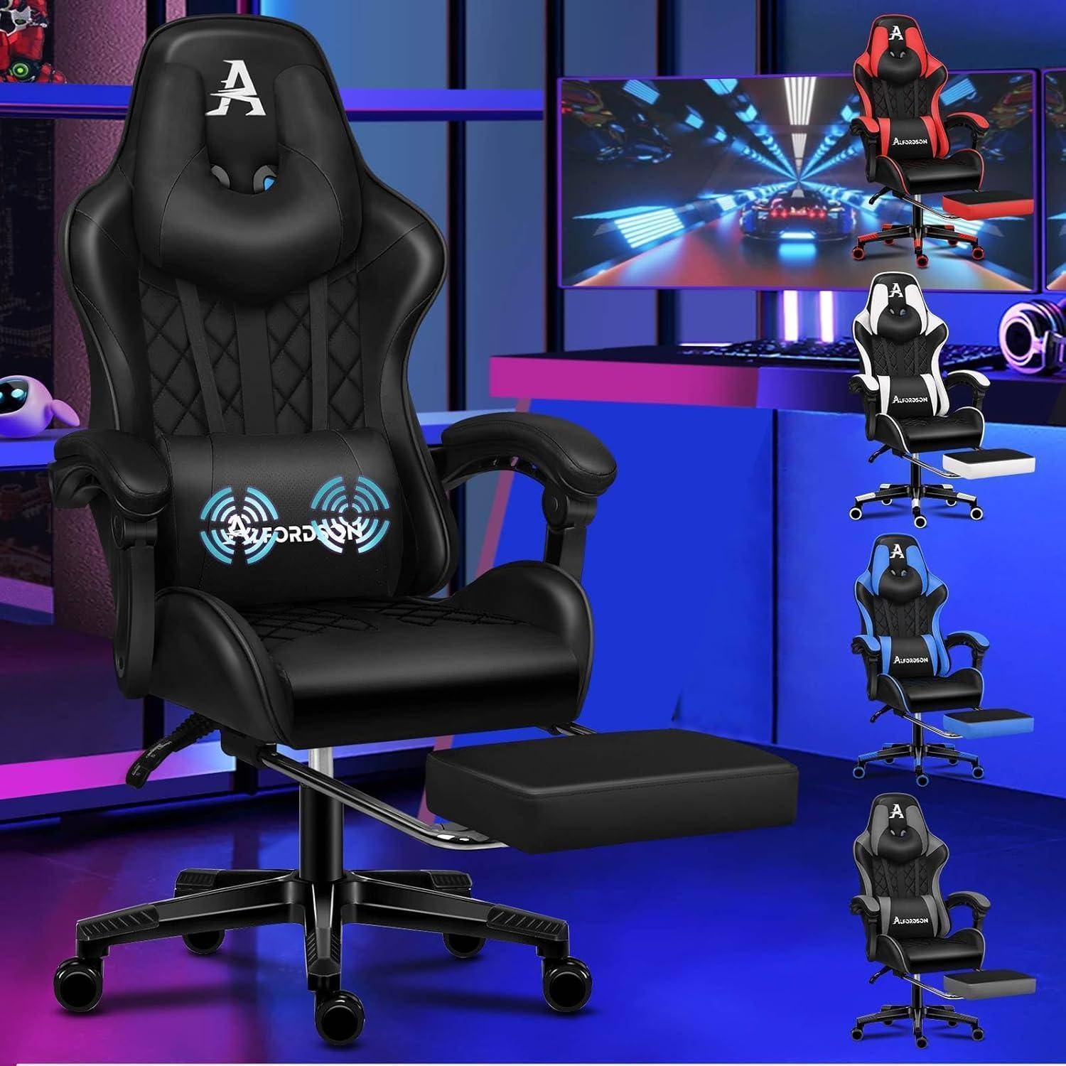 Ein Gaming-Stuhl mit Lendenwirbelstütze und Fußablage, beleuchtet mit LED-Lichtern. Mehrere Farbvariationen werden vor einem Gaming-Setup-Hintergrund präsentiert.