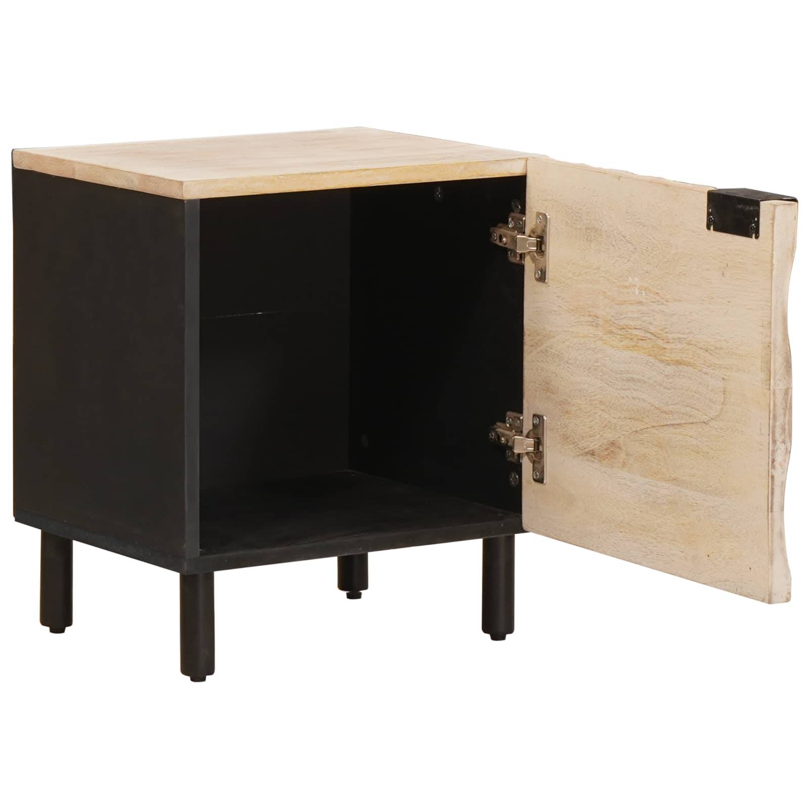 Geöffneter Holzschrank mit schwarzen Seiten, auf vier Beinen stehend, mit einer hellen Holzplatte und einer Tür. Die Tür ist offen und gibt das leere Innere frei.