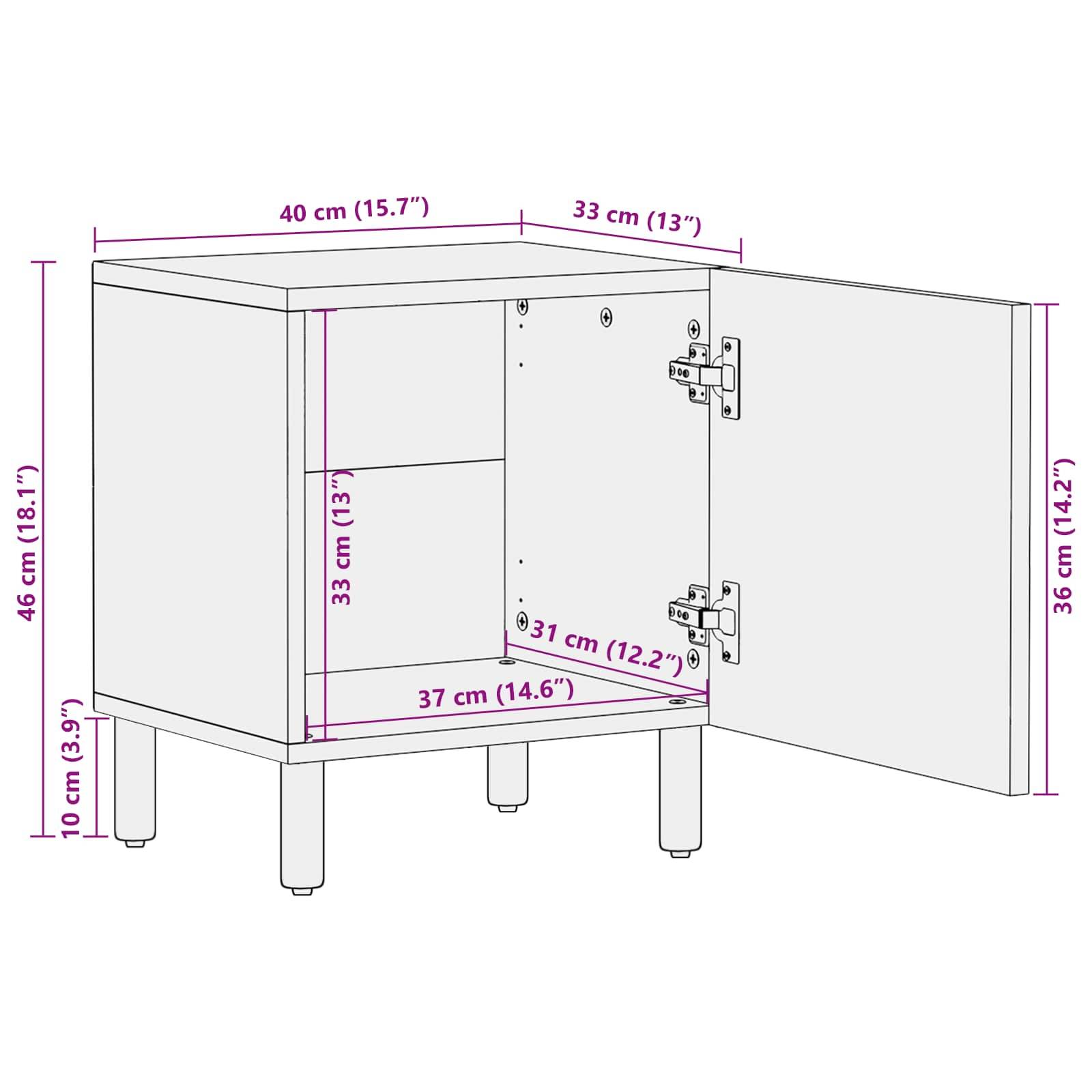 Eine Skizze eines Schranks mit den Abmessungen: Höhe 46 cm, Breite 40 cm, Tiefe 33 cm. Internes Regal und Türscharniere sind sichtbar.
