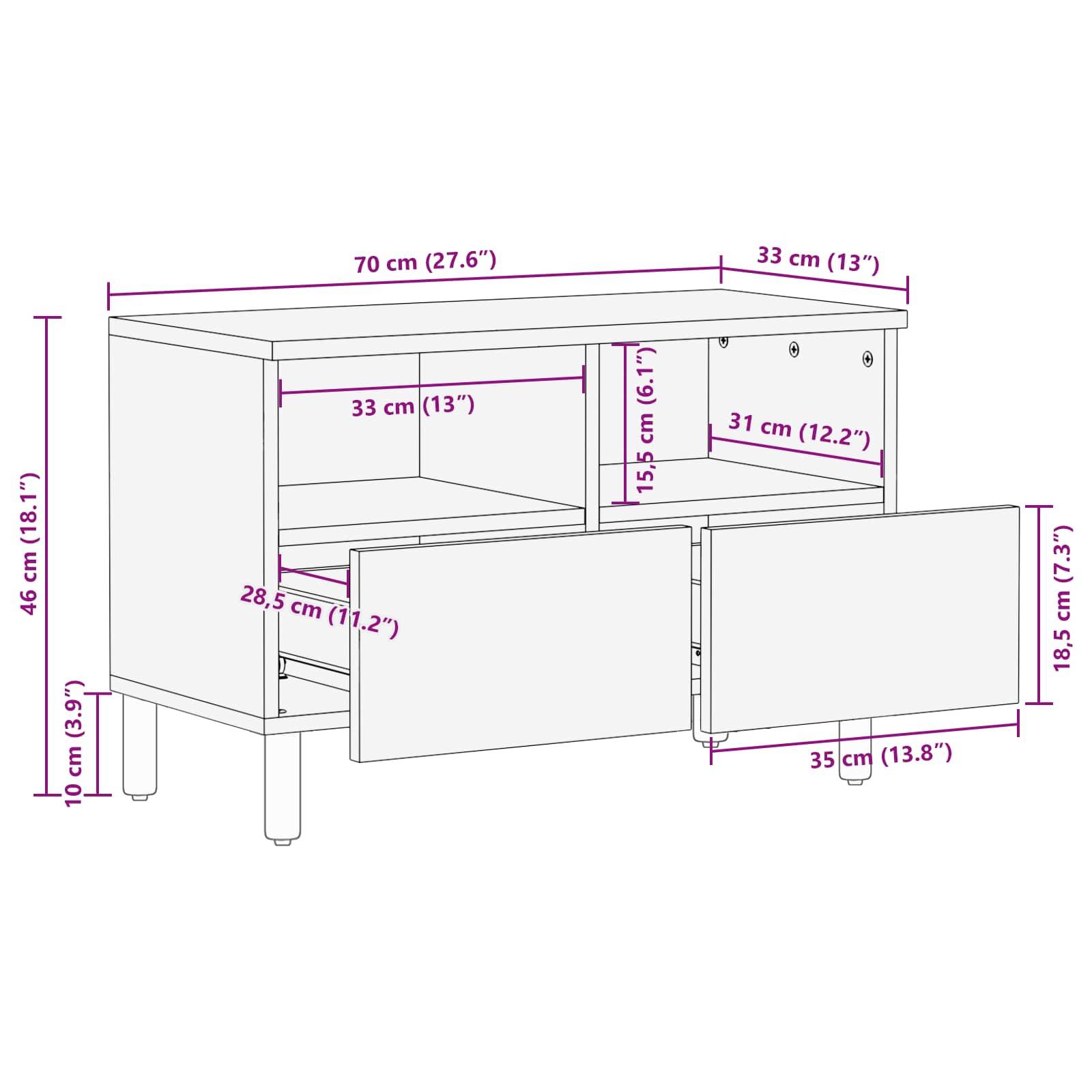 Schrankverzierung mit Maßen: 70 cm Breite, 46 cm Höhe, 33 cm Tiefe. Regalhöhen: 15,5 cm, 31 cm, 28,5 cm. Türbreiten: 35 cm, 33 cm.