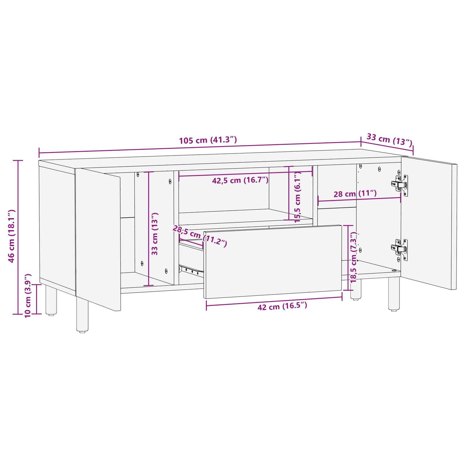 Sideboard-Schematik mit Abmessungen: Gesamtbreite 105 cm, Höhe 46 cm, Tiefe 33 cm. Enthält Regale und Schränke mit detaillierten Maßangaben.