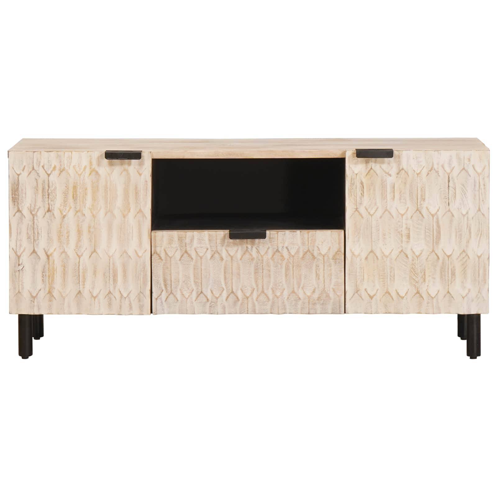 Ein helles Holz-Sideboard mit geometrischen Mustern, ausgestattet mit zwei Schranktüren und einem zentralen offenen Regal. Schwarze Beine und Griffe akzentuieren das Design.