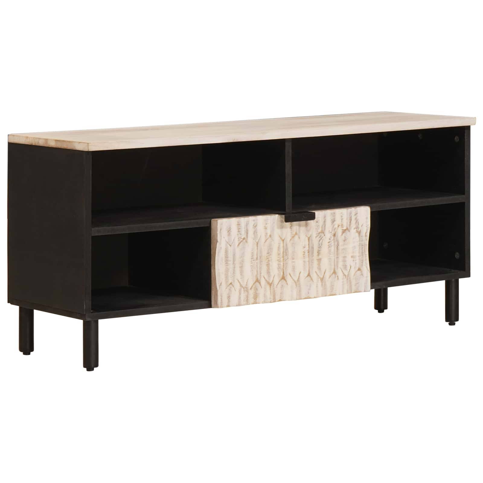 Ein modernes Holz-TV-Regal mit einer hellholzfarbenen Platte, dunklen Seitenwänden und einer geschnitzten Mittlenschublade, mit zwei offenen Regalen auf jeder Seite.