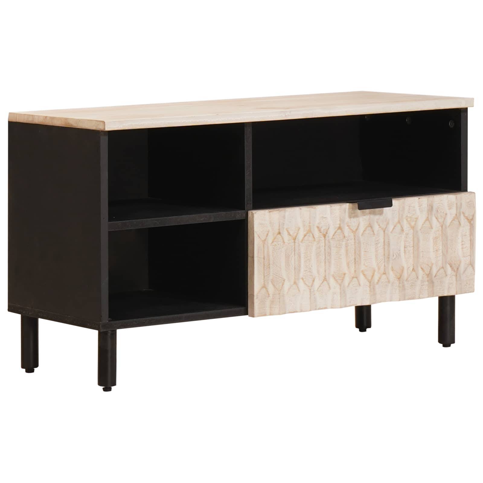 Ein Fernseh-Schrank aus Holz mit einer hellen Holzplatte und Schublade, kontrastierenden schwarzen Bereichen, offenen Regalfächern und vier stabilen Beinen.