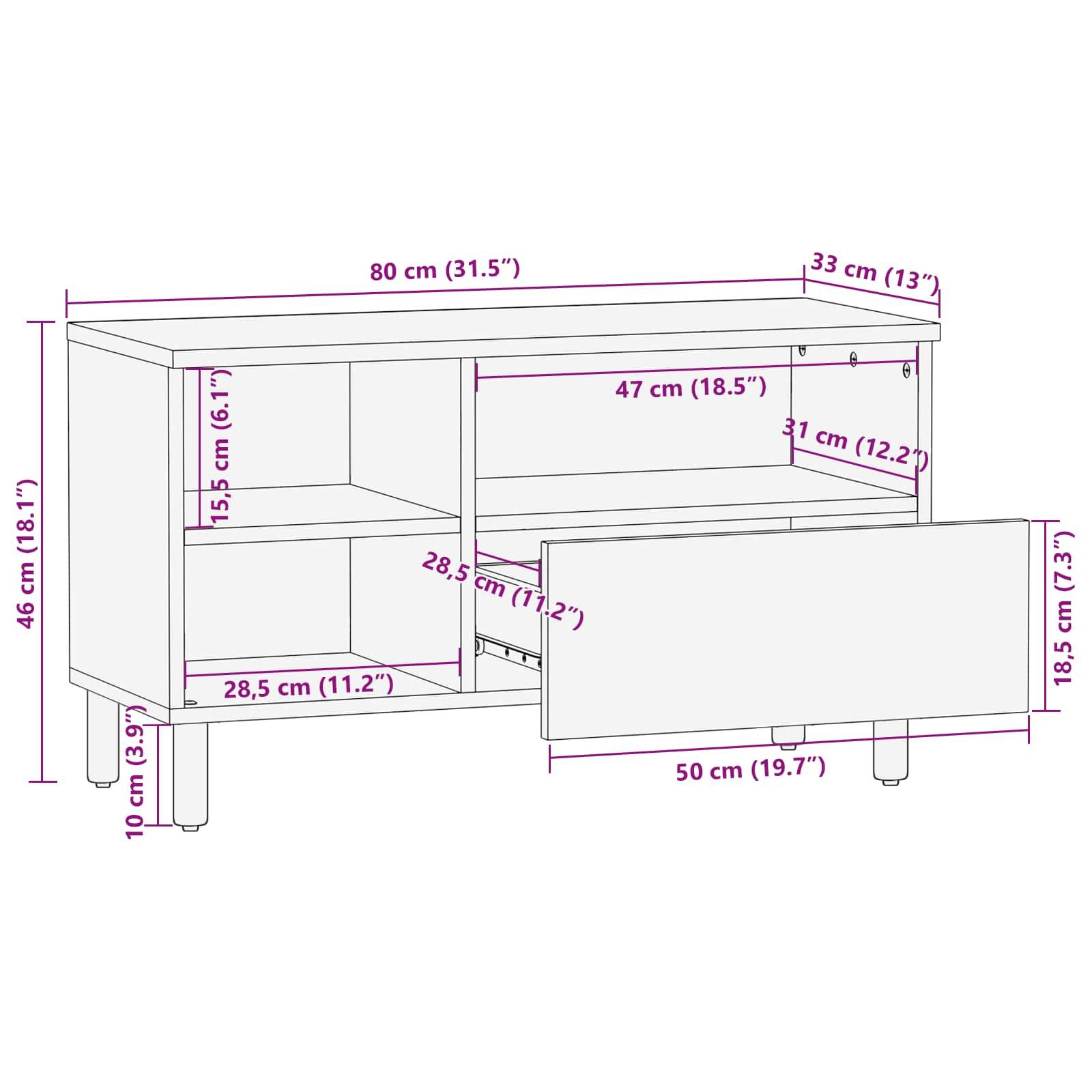 Technische Zeichnung eines Schranks mit Maßangaben. Breite: 80 cm (31,5 Zoll), Tiefe: 33 cm (13 Zoll), Höhe: 46 cm (18,1 Zoll). Enthält Maßangaben für Fächer und Schublade.