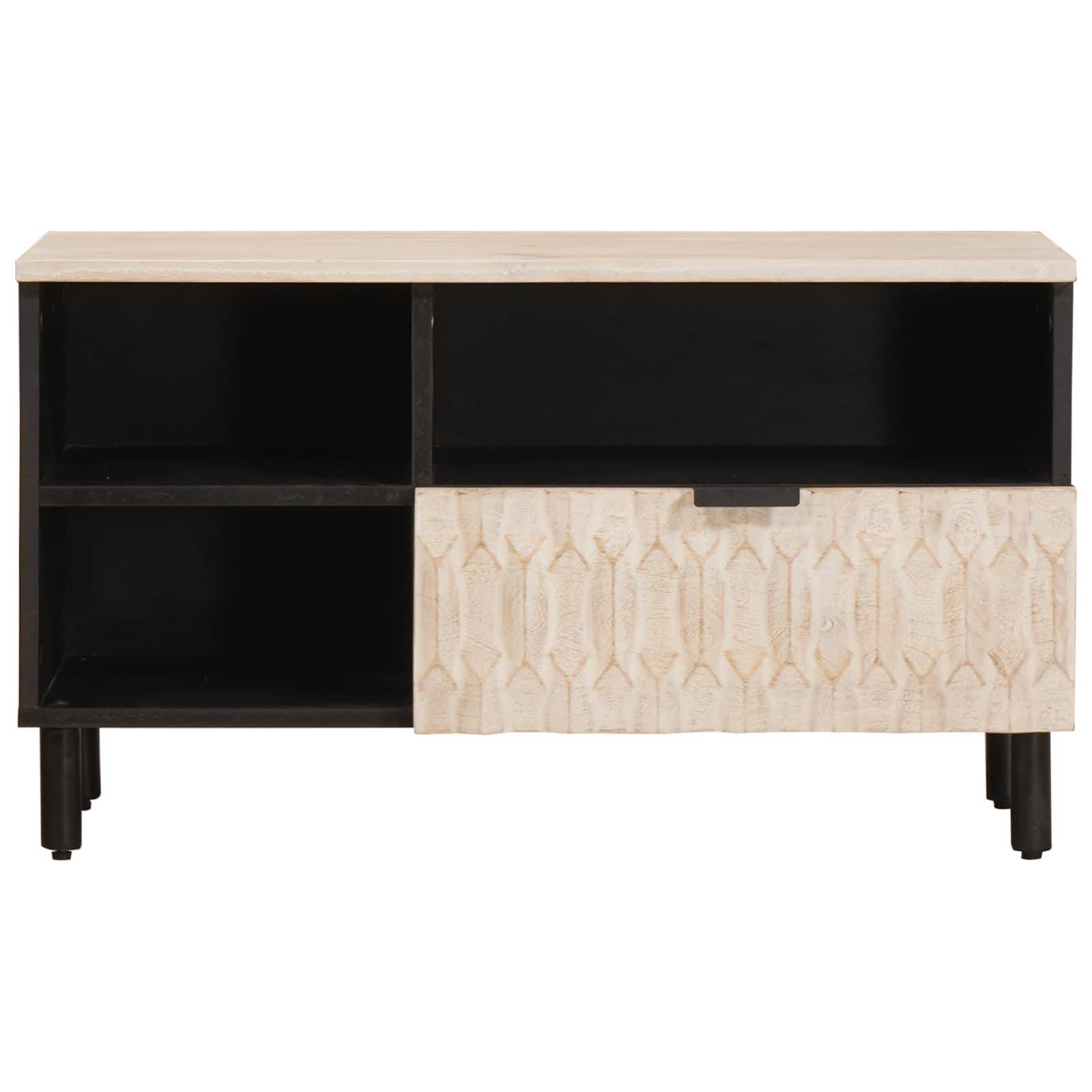 Eine moderne Holzsideboard mit einer hellen Holzmaserungsfinish, ausgestattet mit einer Schublade mit geometrischem Muster und offenen schwarzen Regalen auf schwarzen Beinen.