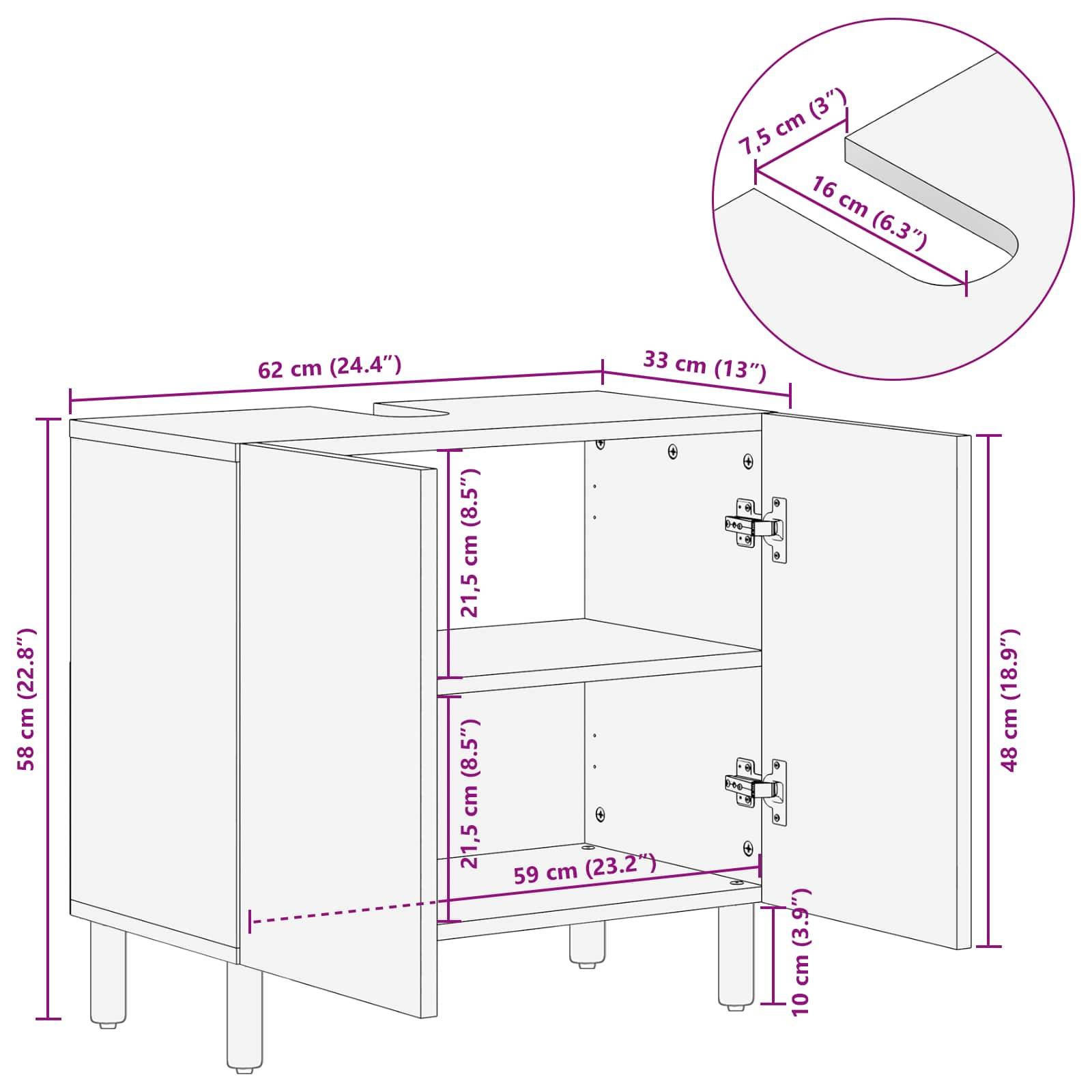 Darstellung eines Schranks mit offenen Türen. Maße angegeben: Breite 62 cm, Tiefe 33 cm, Höhe 59 cm. Einschub zeigt Details des Waschbeckenschnitts.