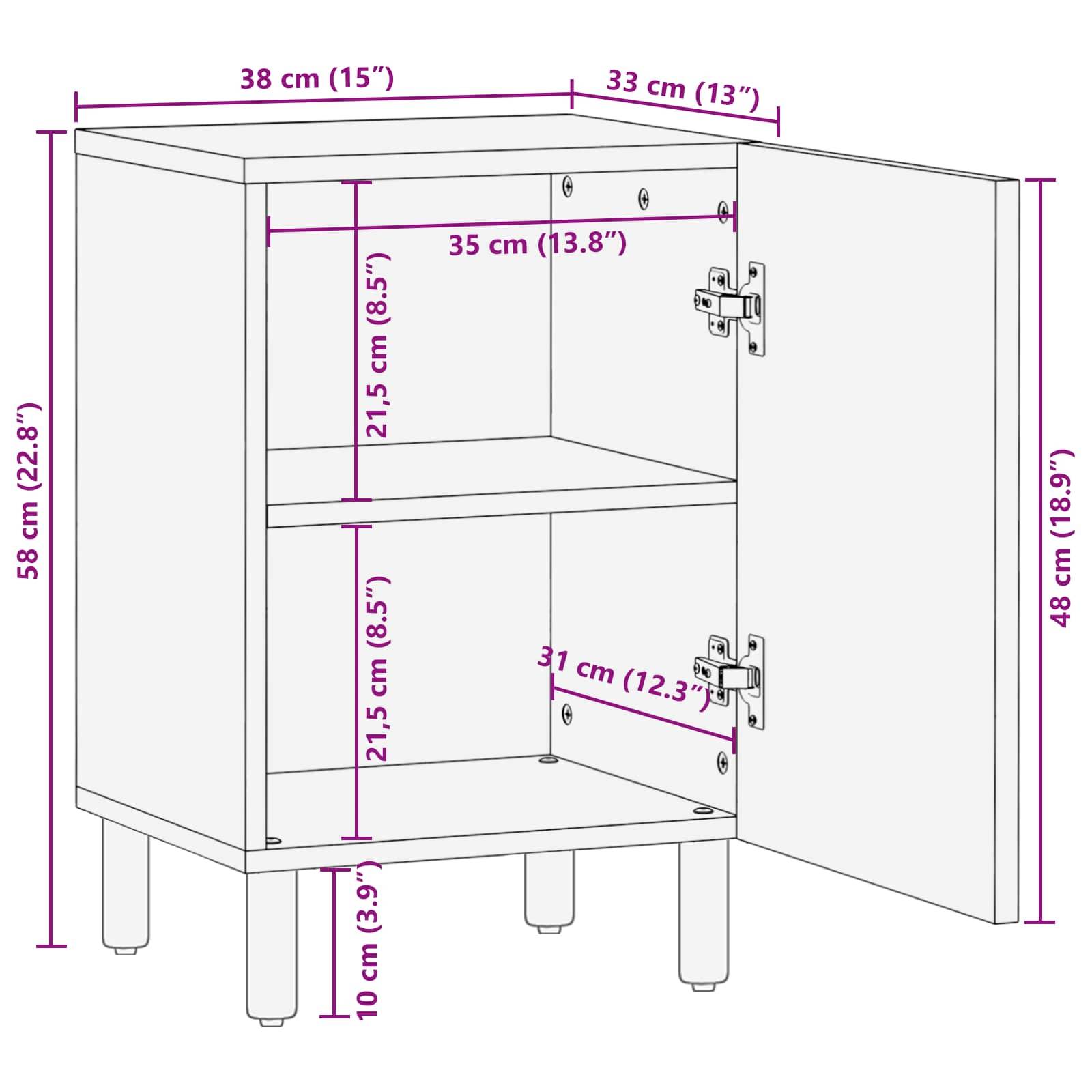 Offene Küchenschrank-Diagramm mit Dimensionen: Höhe 58 cm, Tiefe 33 cm, Breite 38 cm. Enthält zwei Einlegeböden. Seitenansicht von links mit geöffneter Tür.