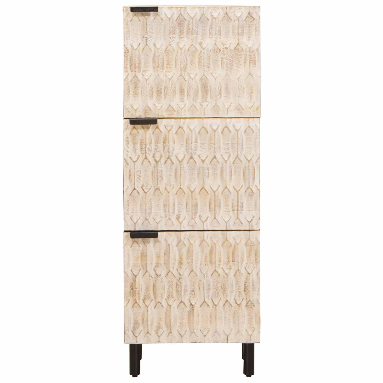 Ein Holzschrank mit drei vertikal ausgerichteten strukturierten Paneelen, der auf schwarzen Beinen steht und ein geometrisches Musterdesign präsentiert.