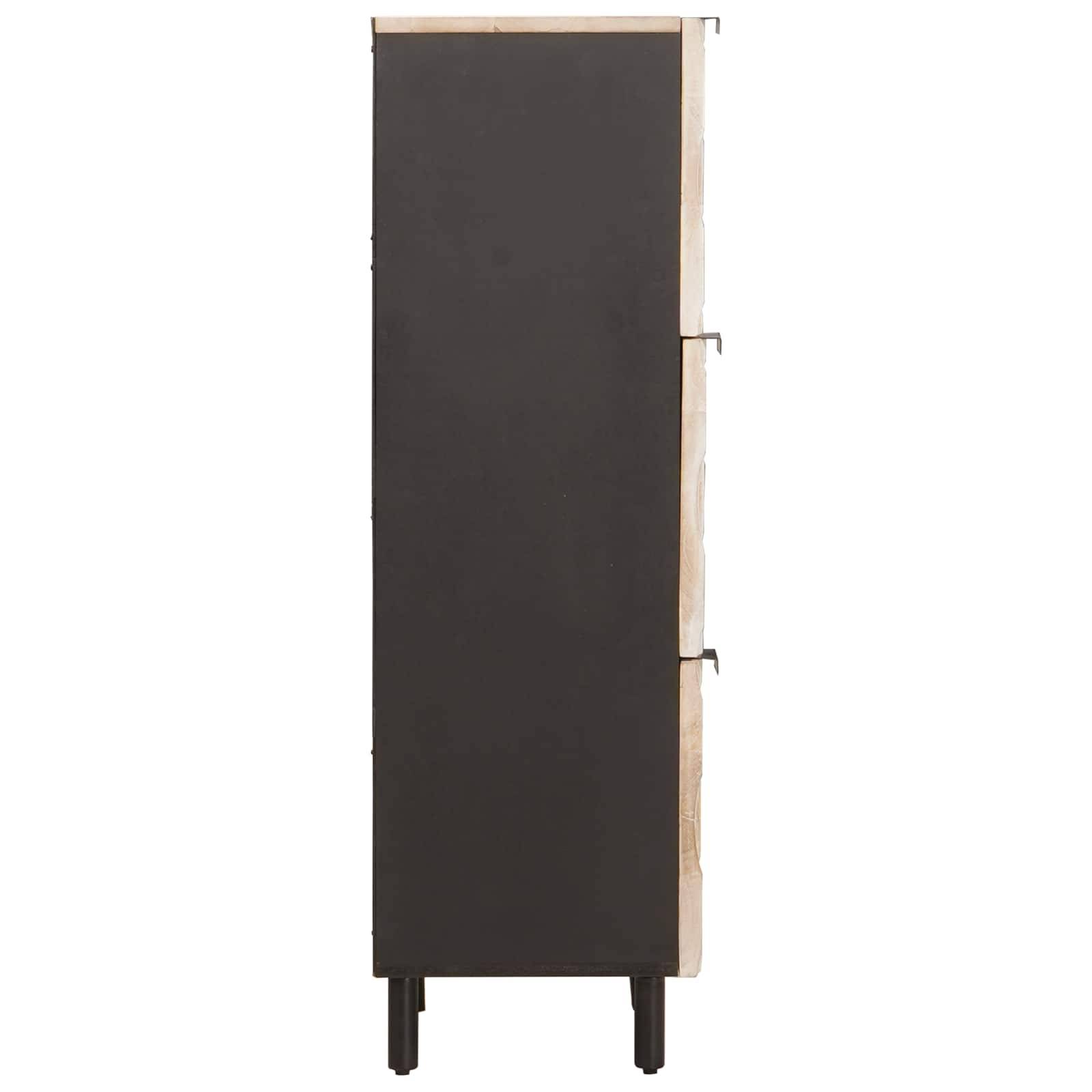 Ein hoher schwarzer Holzschrank mit geschlossenen Türen und minimalistischem Design, getragen von vier Beinen.