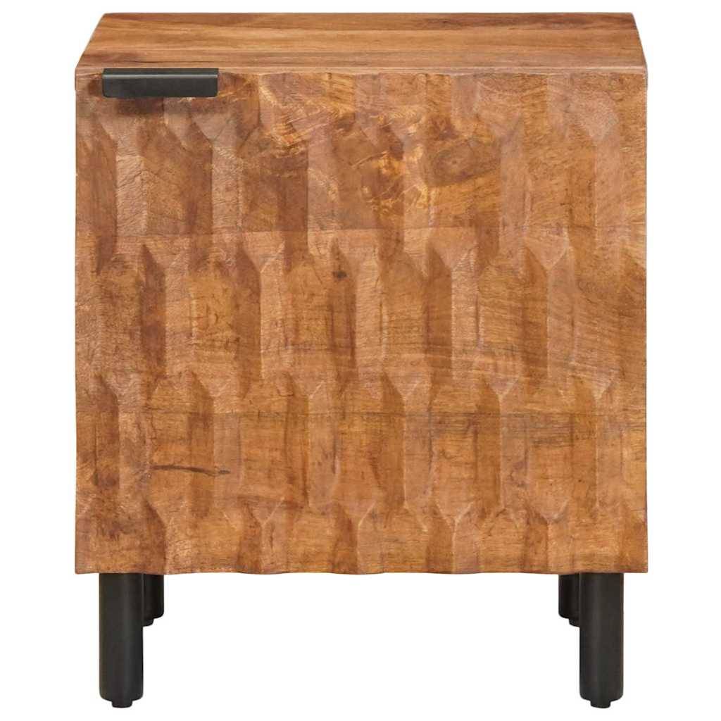 Ein Holzschrank mit strukturiertem, geometrischem Frontdesign und schwarzen Metallbeinen.
