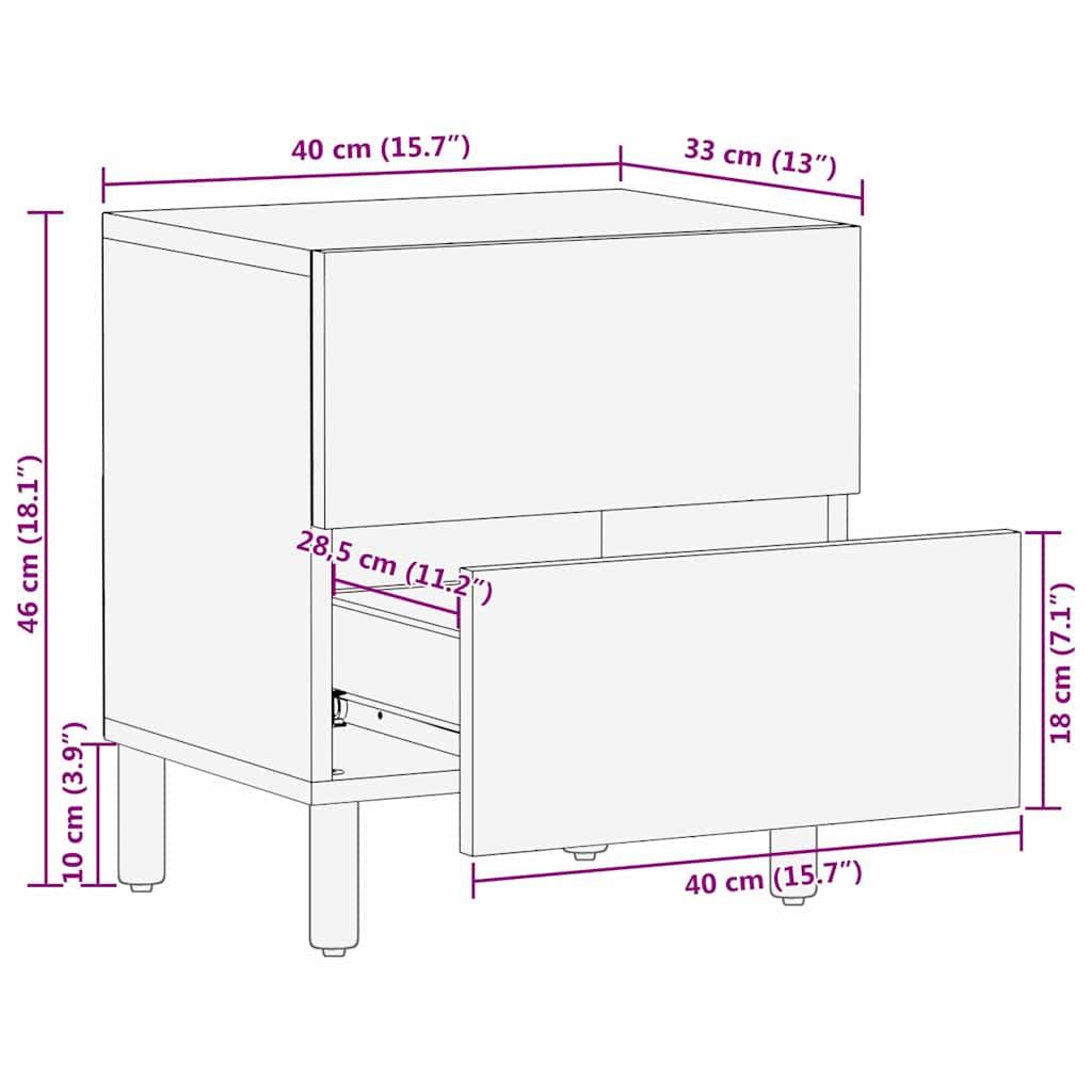 Eine Skizze eines Zwei-Schubladen-Schranks mit Abmessungen. Oben: 40 cm breit, 33 cm tief; Höhe: 46 cm. Offene Schublade: 28,5 cm breit, 40 cm lang, 11 cm hoch.