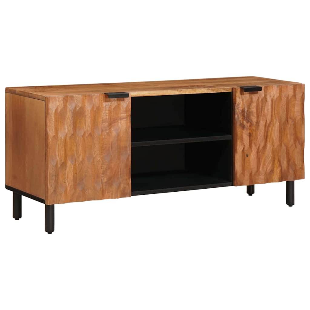 Ein Holzsideboard mit strukturierter Oberfläche, das zwei seitliche Türen mit schwarzen Griffen und offene Regale in der Mitte aufweist und auf Metallbeinen steht.