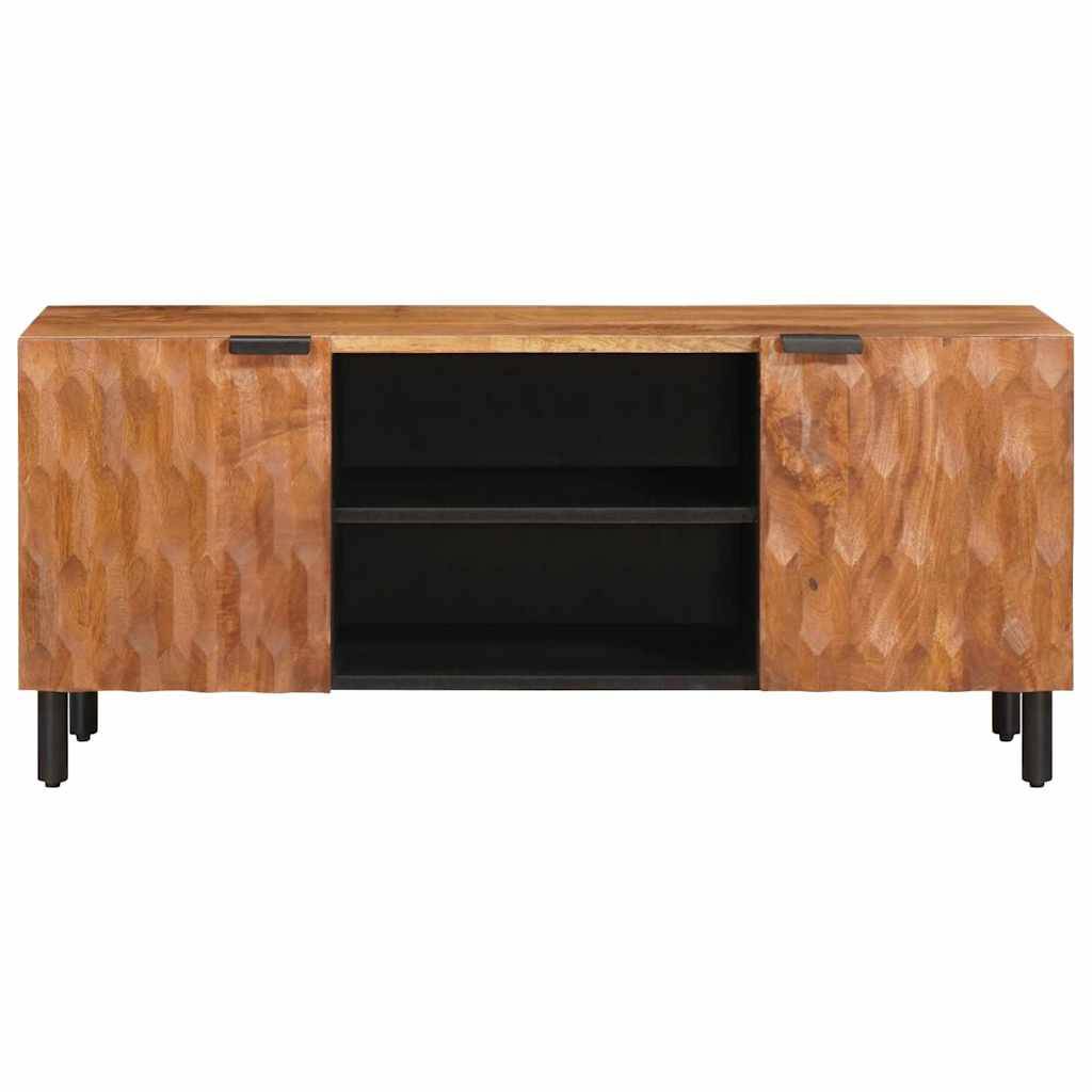 Ein Anrichte aus Holz mit zwei Schränken auf jeder Seite und offenen Regalen in der Mitte, mit natürlicher Oberfläche und getragen von schwarzen Beinen.