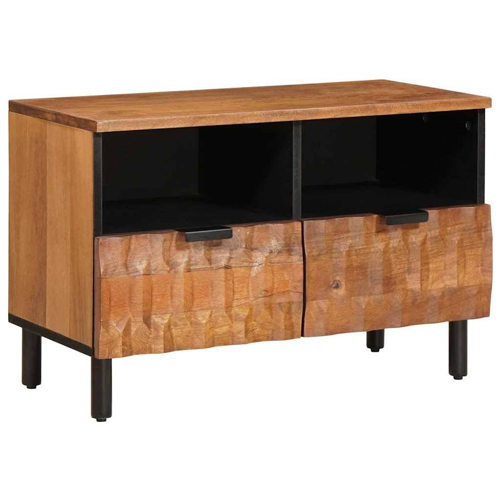 Eine Medienkonsole aus Holz mit einem satten braunen Finish, ausgestattet mit zwei offenen Regalen und zwei strukturierten Schranktüren auf schwarzen Metallfüßen.