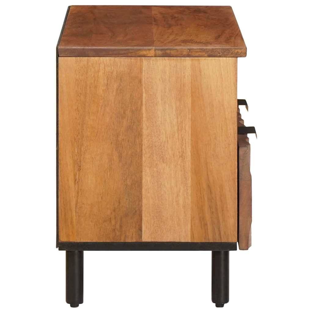 Ein Holzschrank wird von der Seite betrachtet und zeigt natürliche Holzmaserung und Textur, mit schwarzen Metallbeinen und einem teilweise sichtbaren Griff.