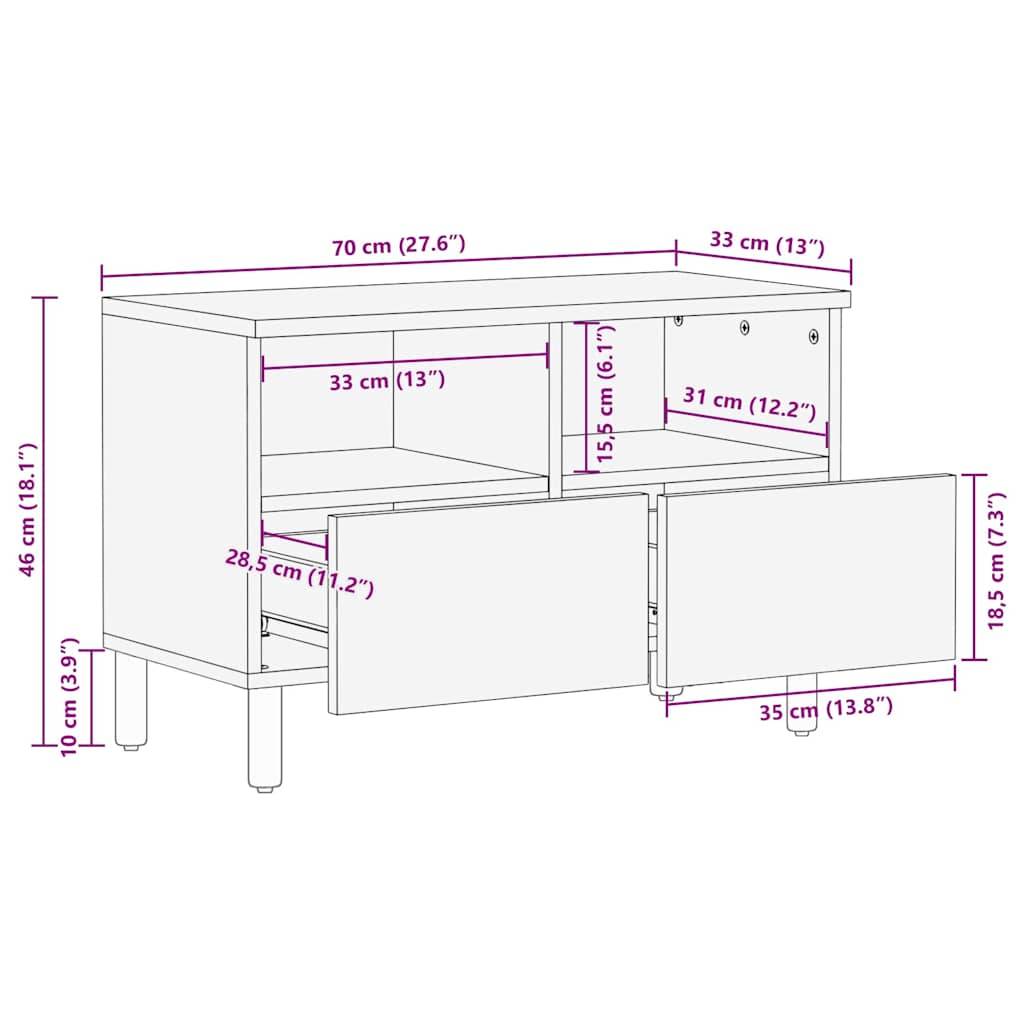 Ein Diagramm eines Schranks mit beschrifteten Abmessungen. Breite: 70 cm, Höhe: 85 cm, Tiefe: 33 cm. Offene Türen zeigen Innenregalabmessungen.