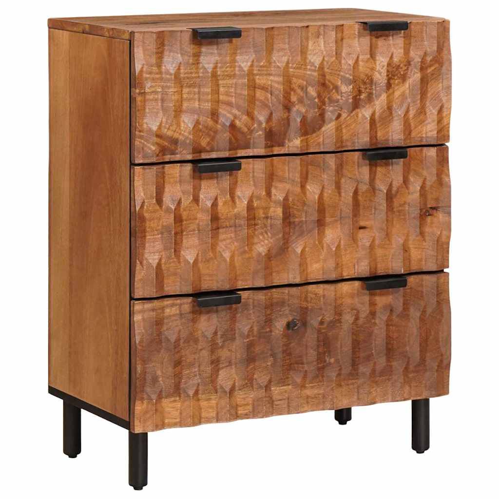 Holzkommode mit drei Schubladen, wobei jede Schublade ein geometrisches Schnittmuster aufweist. Die Kommode steht auf schwarzen Metallfüßen, was ihr einen modernen Look verleiht.