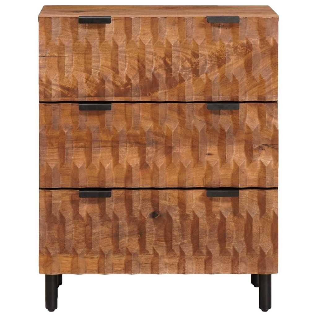 Eine Holzkommode mit einem geometrischen, strukturierten Muster und schwarzen Griffen, auf kurzen schwarzen Beinen stehend.