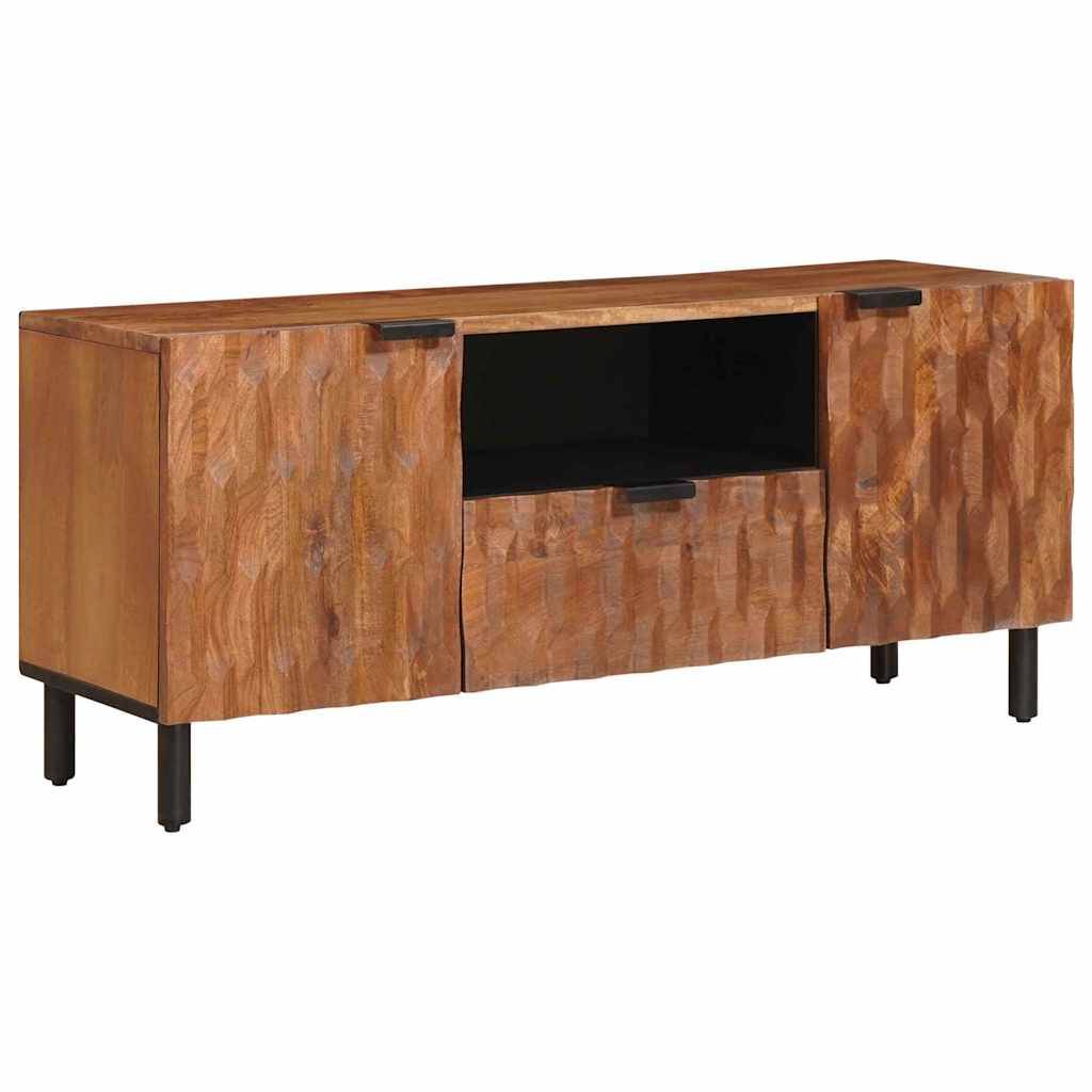 Ein Holzsideboard mit wellenförmiger Textur verfügt über zwei geschlossene Schränke an den Seiten, ein offenes Regal in der Mitte und dünne schwarze Beine.