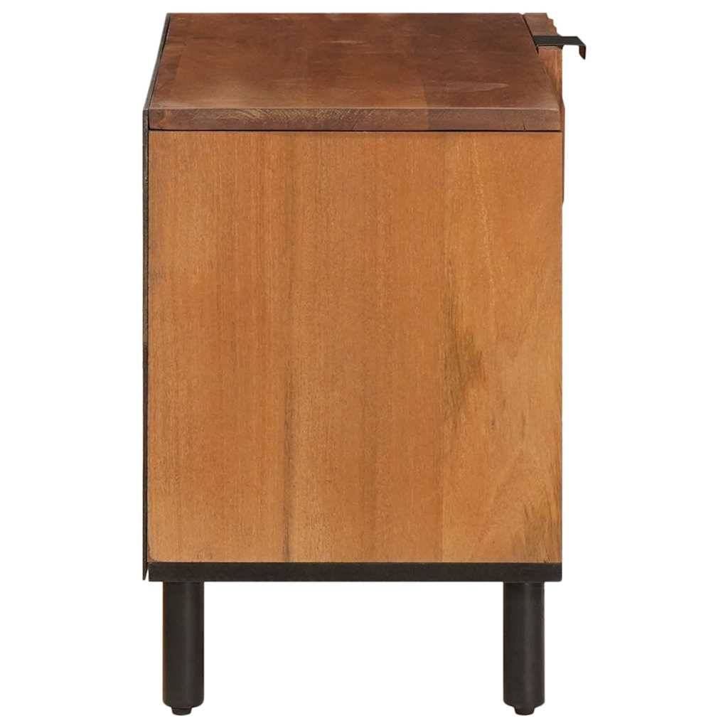 Ein Holzschrank von der Seite betrachtet, mit einer flachen Oberfläche und vier kurzen Beinen, vor einem einfarbigen Hintergrund.