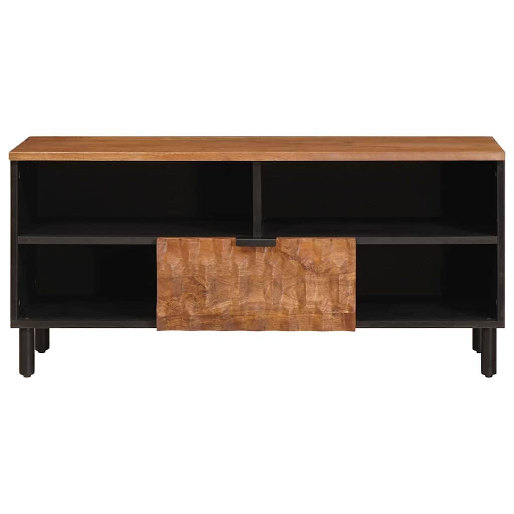 Fernsehtisch aus Holz und Metall mit offenen Regalen und zentraler Aufbewahrungsschublade. Ideal für moderne Wohnzimmereinrichtungen.