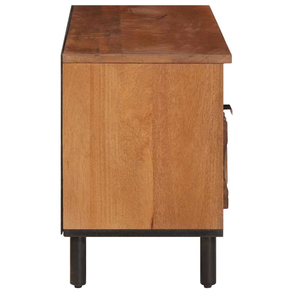 Seitenansicht eines Holzschranks mit flacher Oberseite und zwei sichtbaren schwarzen Metallbeinen; einfaches und modernes Design.