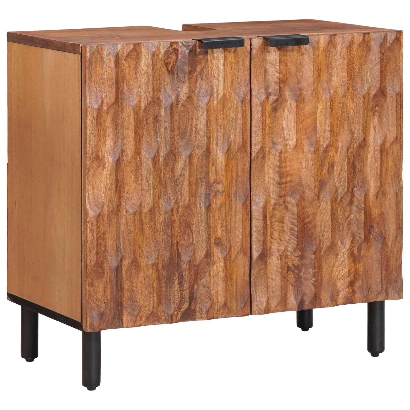 Ein Holzschrank mit strukturierter Vorderseite, ausgestattet mit zwei Türen und schwarzen Beinen.