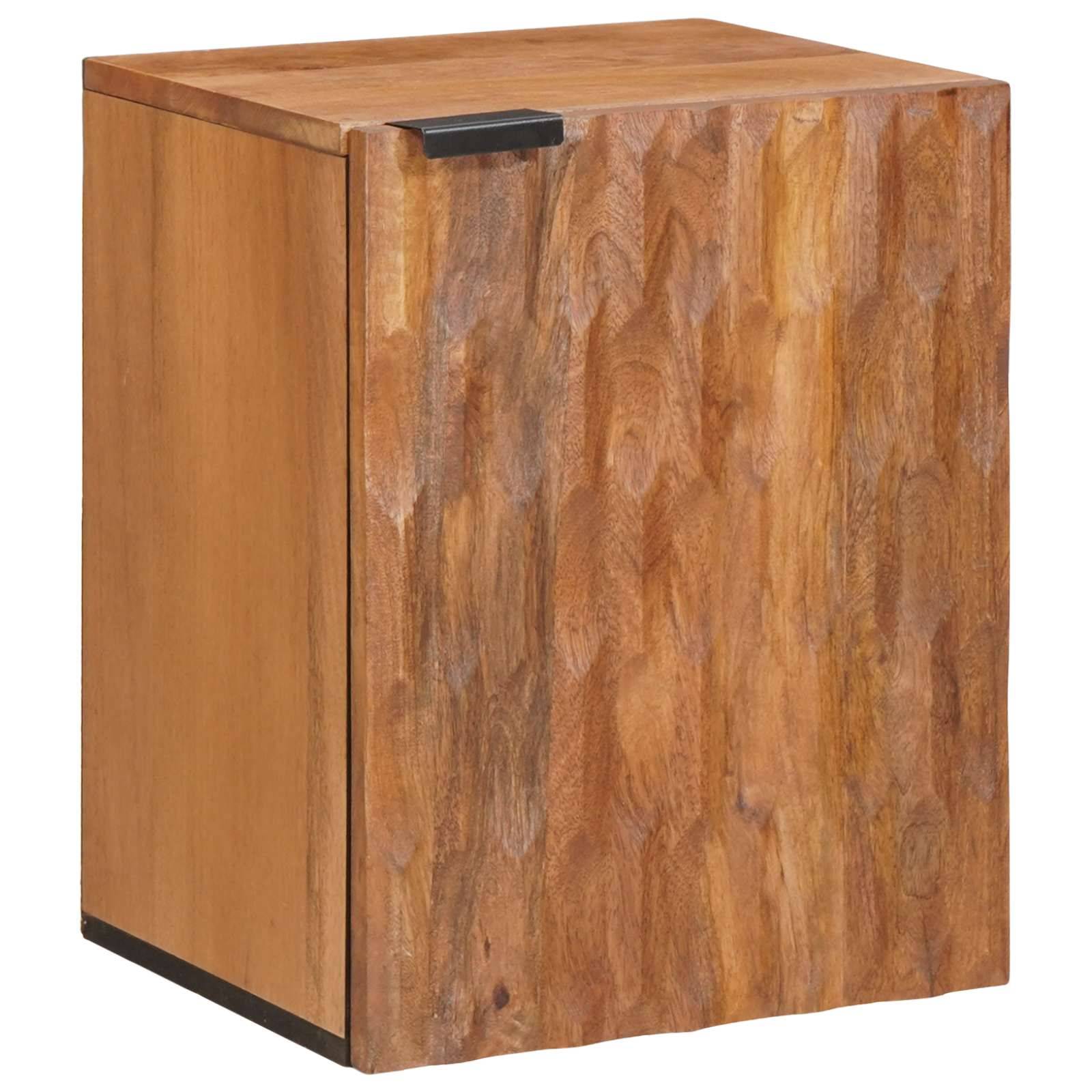 Ein Holzschrank mit natürlicher Oberfläche, rechteckiger Form und einem schwarzen Griff an der Vorderseite, platziert auf einem weißen Hintergrund.
