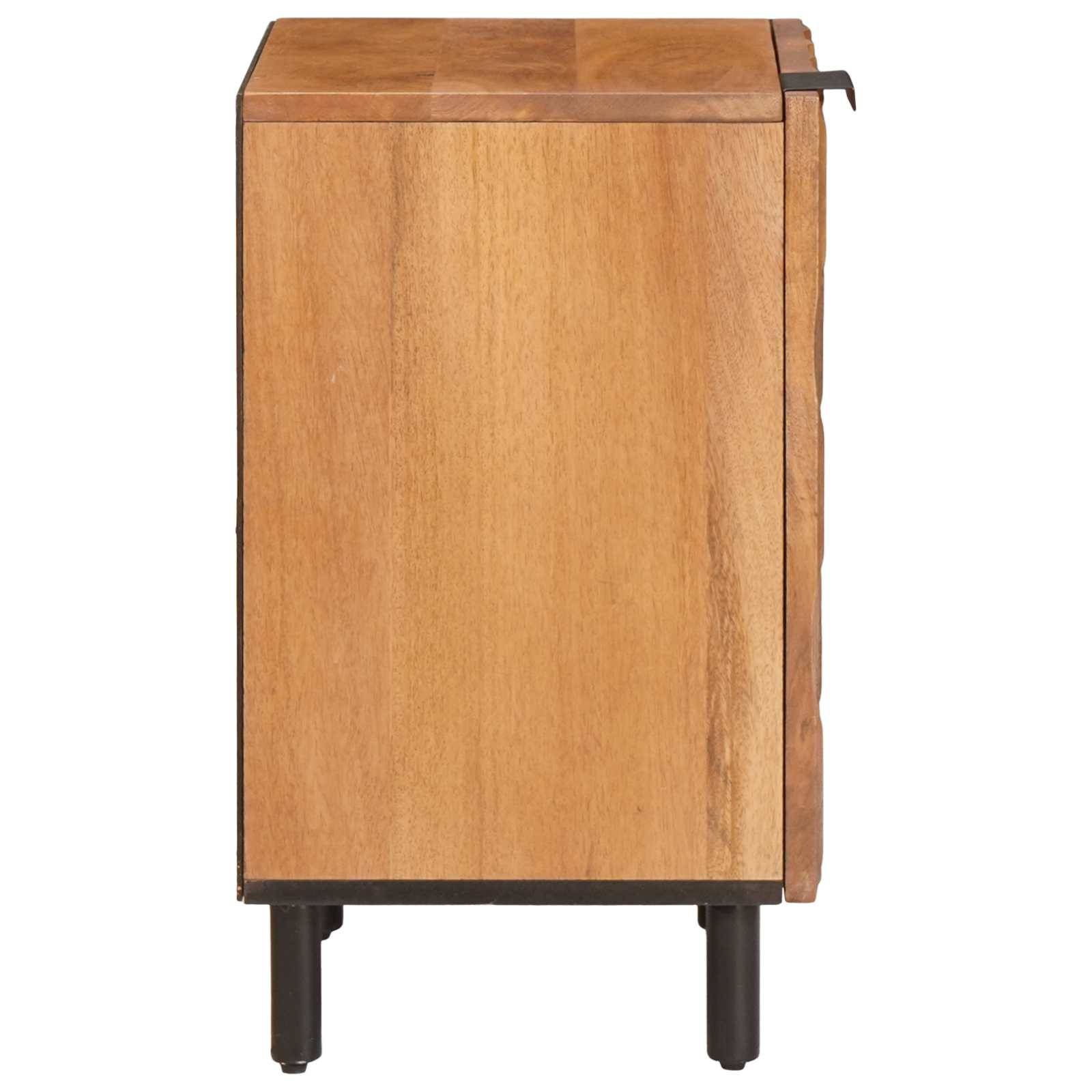 Ein Nachttisch aus Holz mit natürlicher Oberfläche, von der Seite betrachtet, mit einem schwarzen Griff und schwarzen Beinen.