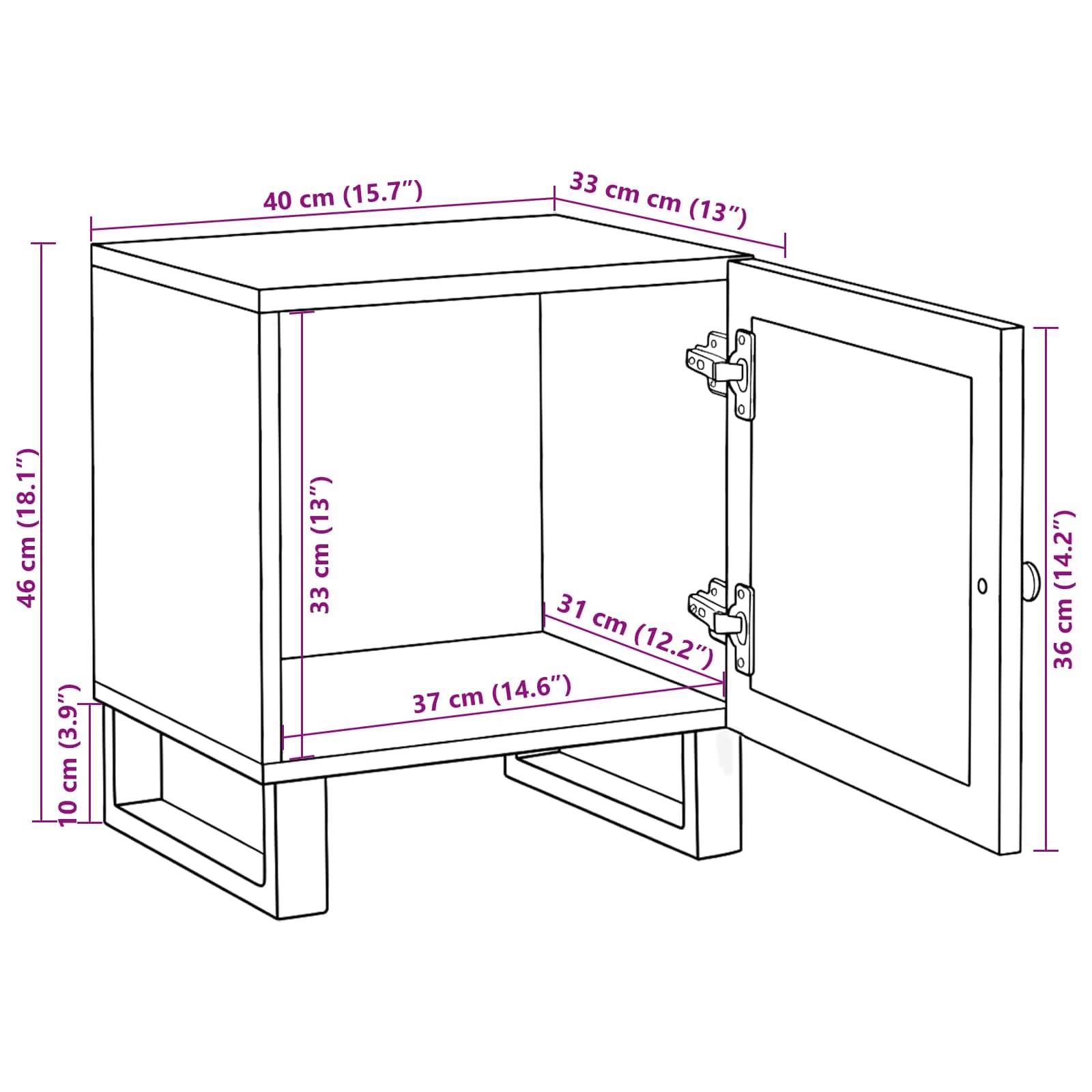 Diagramm eines Schranks mit den Abmessungen: Höhe 46 cm, Breite 40 cm, Tiefe 33 cm. Innenabmessungen: 37 cm breit, 33 cm tief, 31 cm hoch.