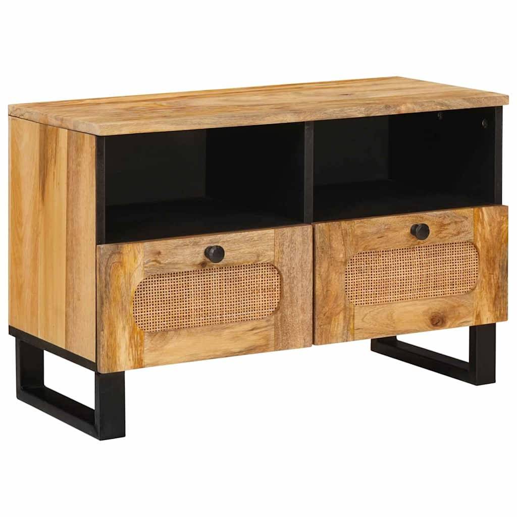 Ein Sideboard aus Holz mit natürlicher Oberfläche, ausgestattet mit zwei offenen Regalen oben und zwei Schubladen mit runden Griffen und Fronten im Rattan-Stil.