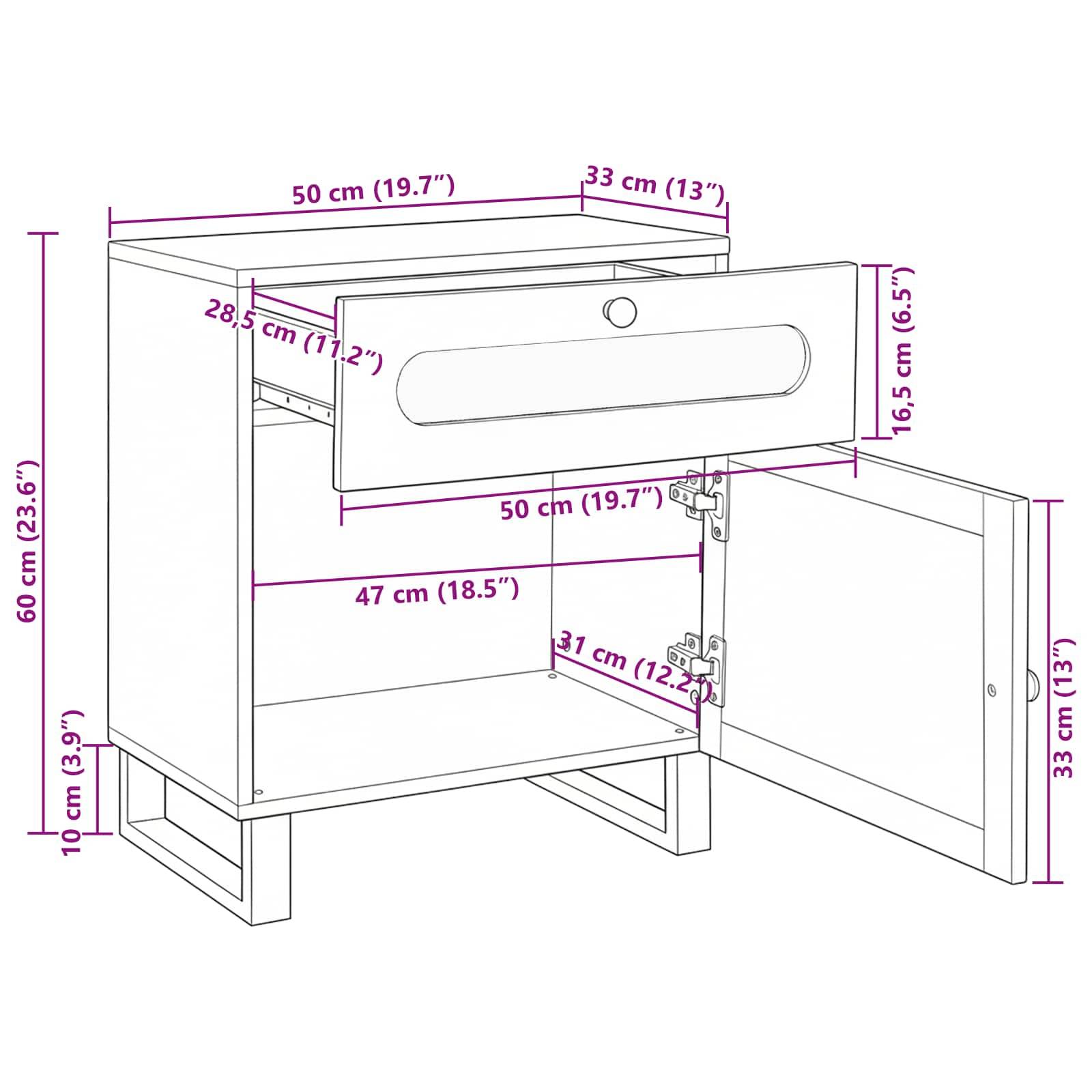 Eine Strichzeichnung eines Schranks mit einer offenen Schublade und Tür, mit Abmessungen in Zentimetern und Zoll.