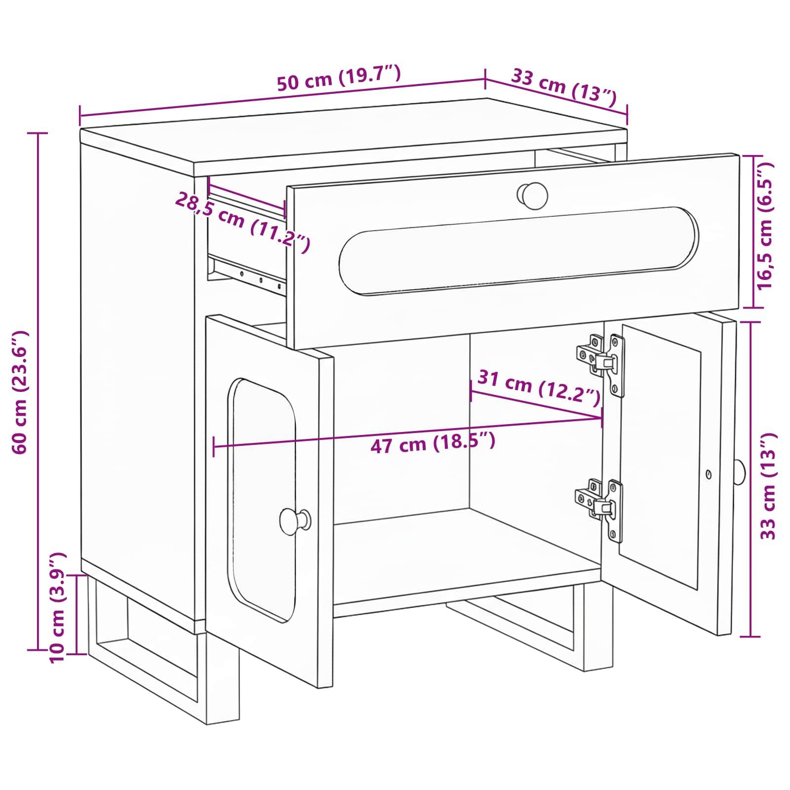 Offenes Schrank mit Schublade, mit inneren Abmessungen: 50 cm Breite, 33 cm Tiefe, 60 cm Höhe. Türhöhe: 33 cm, inneres Regal: 31 cm.