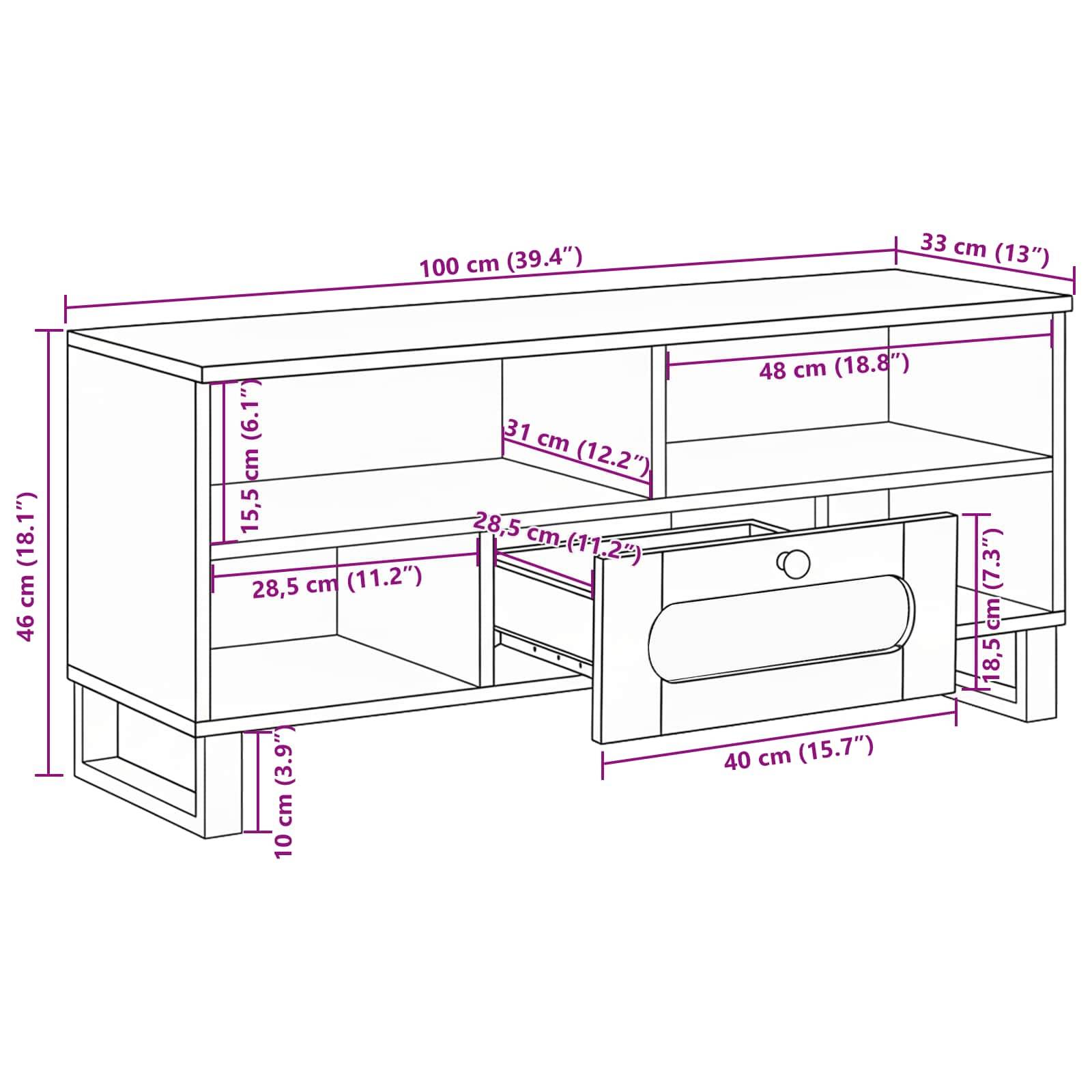 Fernsehtisch-Abmessungen: Breite 100 cm, Höhe 46 cm, Tiefe 33 cm. Enthält Regale und Schubladen mit individuell angegebenen Abmessungen.