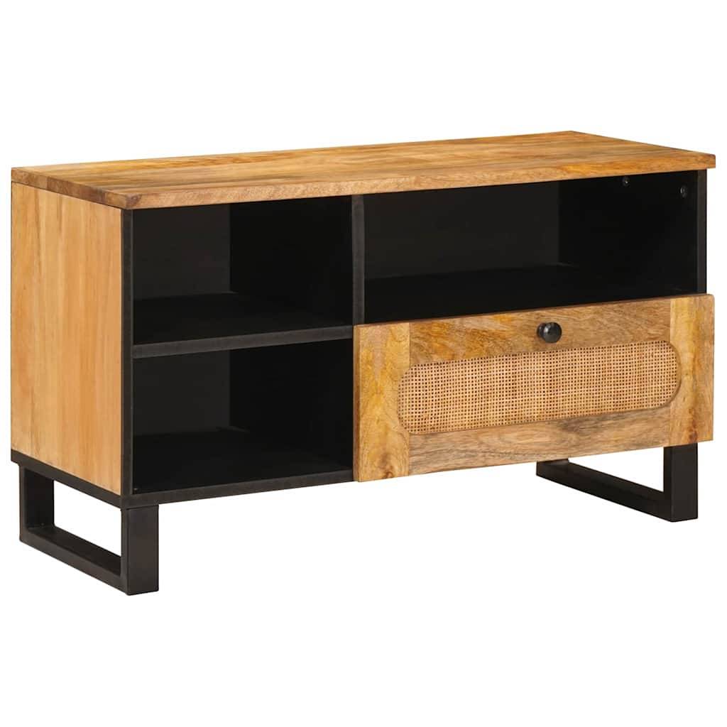 Ein Fernsehtisch aus Holz mit zwei offenen Regalen und einer geschlossenen Schublade mit einer Seilmuster-Front, der von schwarzen Metallfüßen getragen wird.