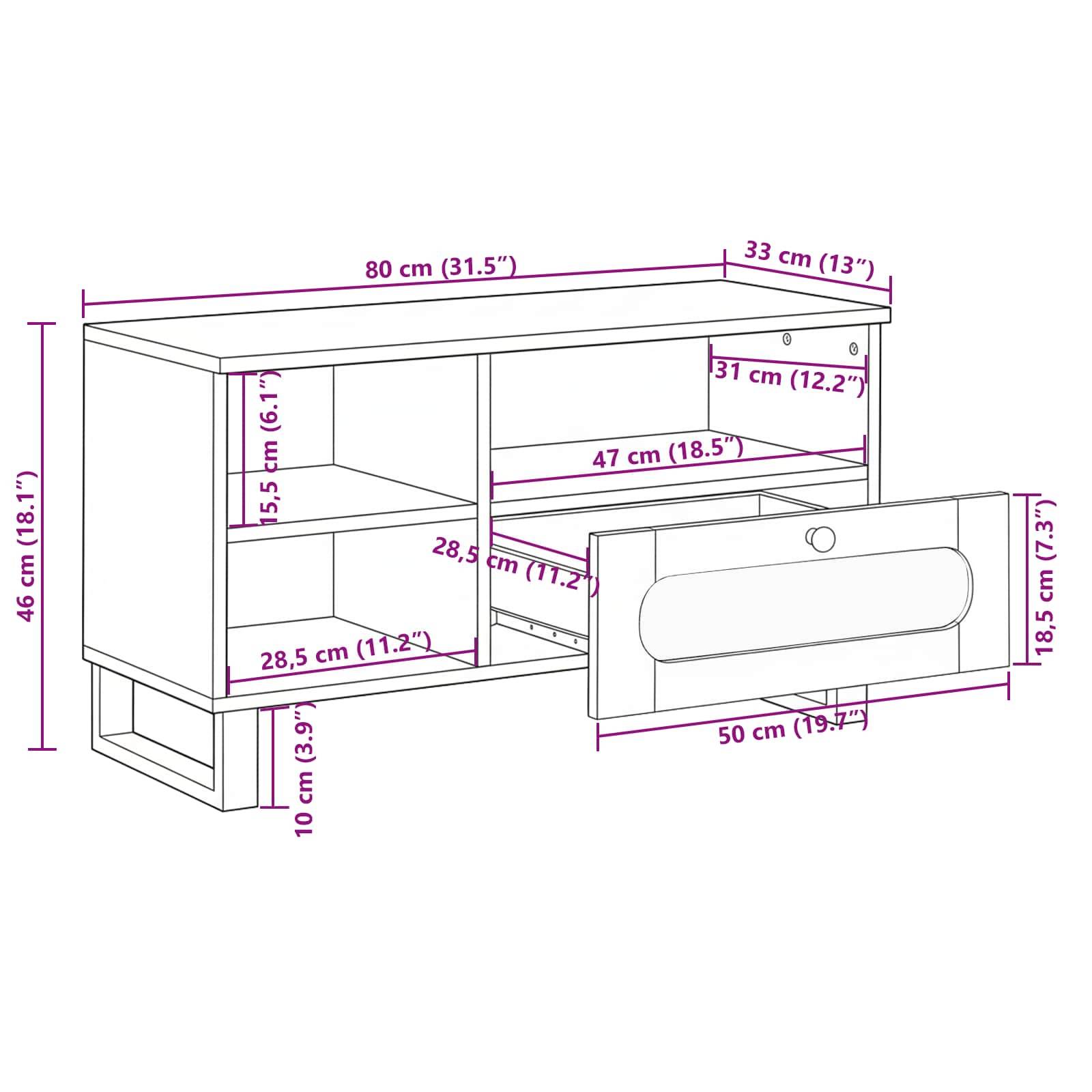 Illustration eines Schranks mit detaillierten Abmessungen: 80 cm breit, 46 cm hoch, 33 cm tief. Enthält Regale und eine Schublade mit spezifischen Maßangaben.