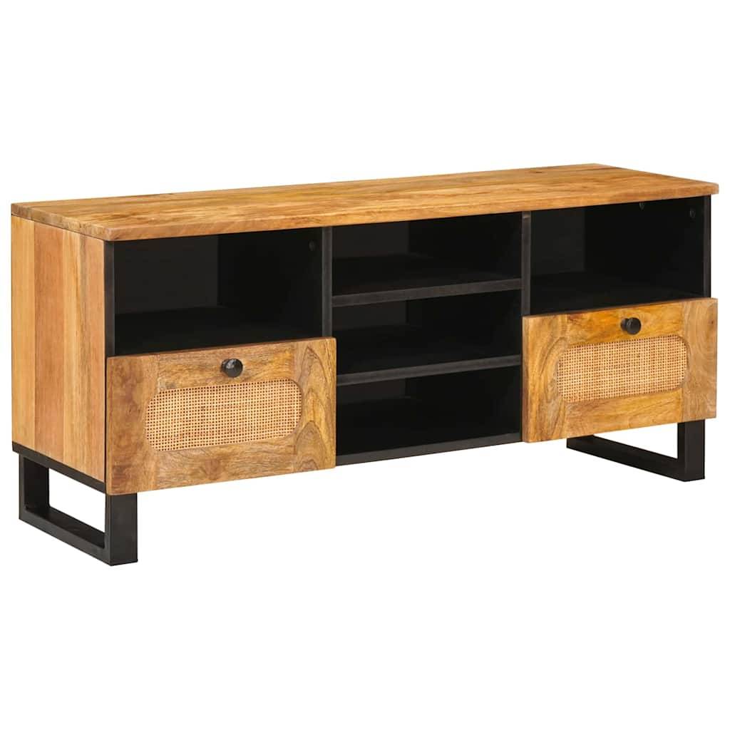 Fernsehtisch aus Holz mit zwei Lamellenschiebetüren, zwei schwarzen Regalen und natürlicher Oberfläche. Konzipiert für Aufbewahrung und Präsentation im Wohnzimmer.