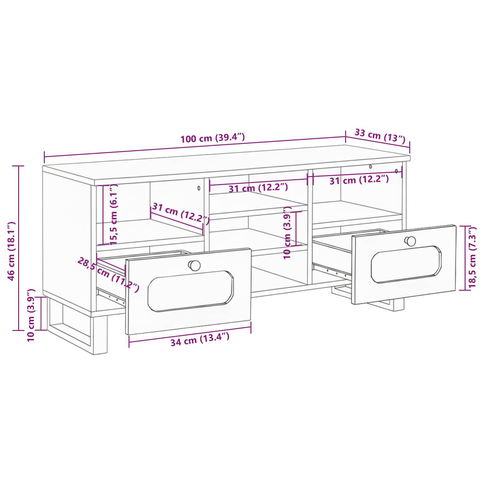 TV-Ständer-Diagramm mit Abmessungen: Länge 100 cm, Höhe 46 cm, Tiefe 33 cm. Seitenfächer: jeweils 31 cm breit. Schubladen: 34 cm breit.