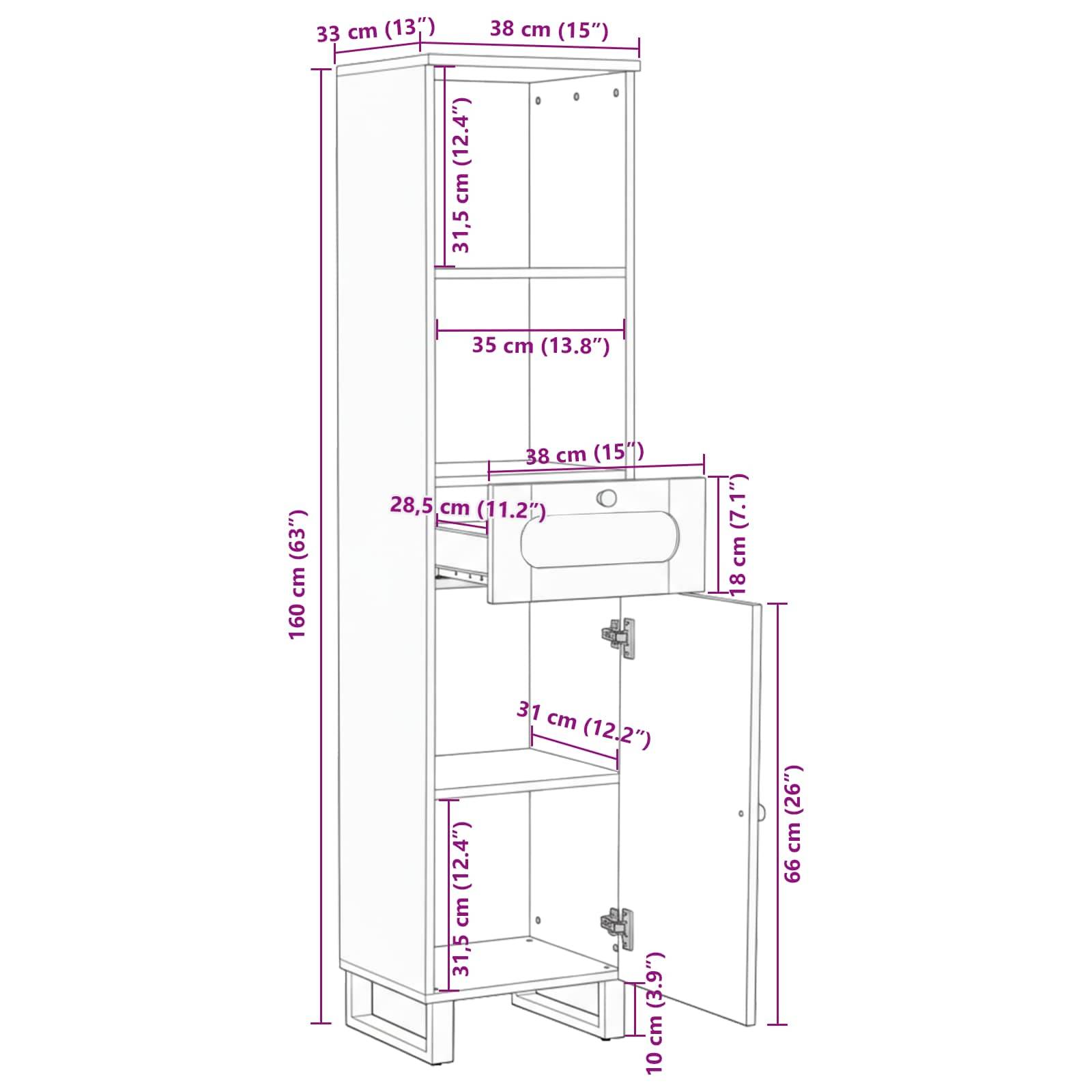 Hoher weißer Schrank mit mehreren Regalen und einer Schublade, Abmessungen in Zentimetern und Zoll gekennzeichnet: 160 cm (63